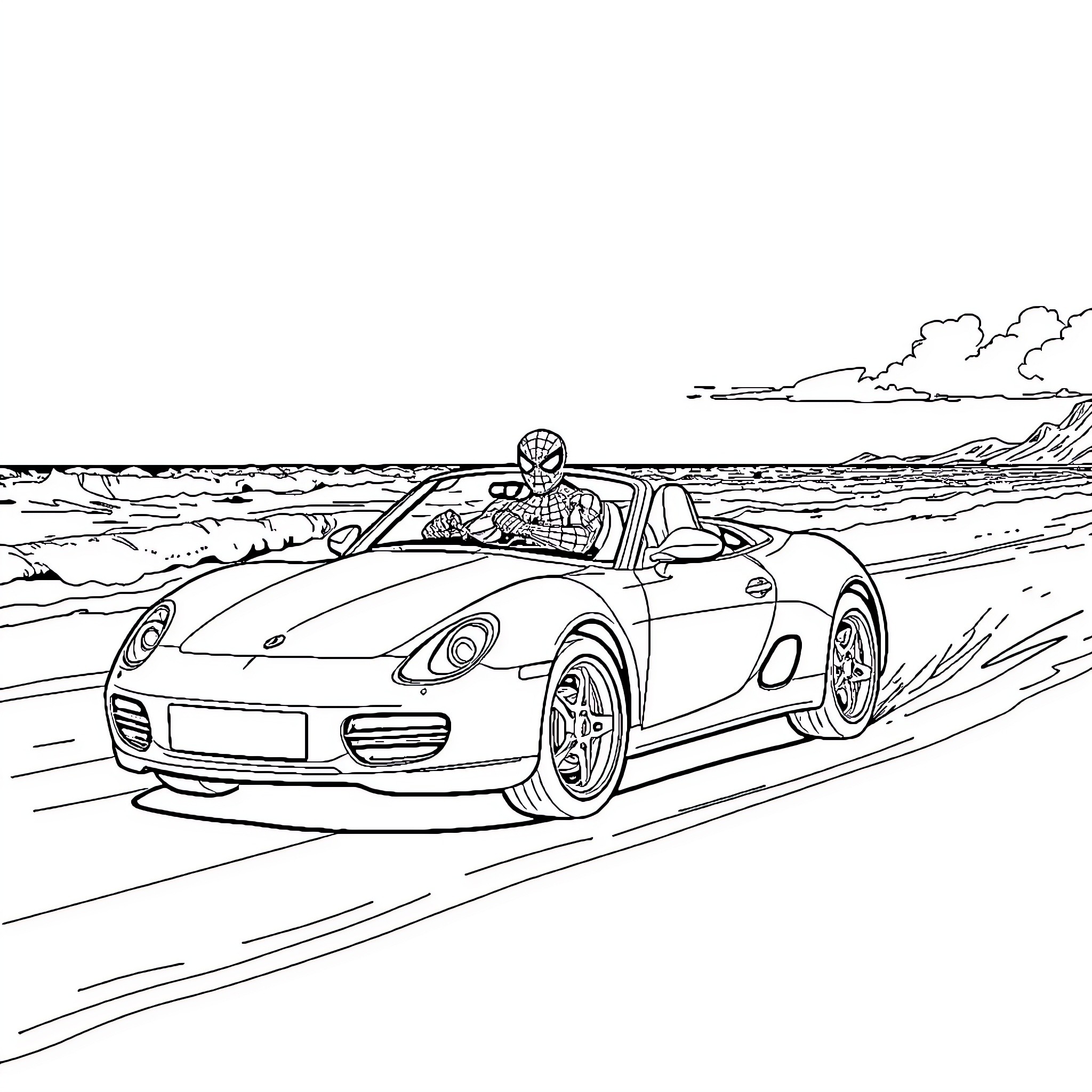 Spider-Man driving sleek sports car on beach Coloring Page (free black-and-white line drawing printable PDF for all, from beginners to advanced learners, including children, teens, adults, and seniors)