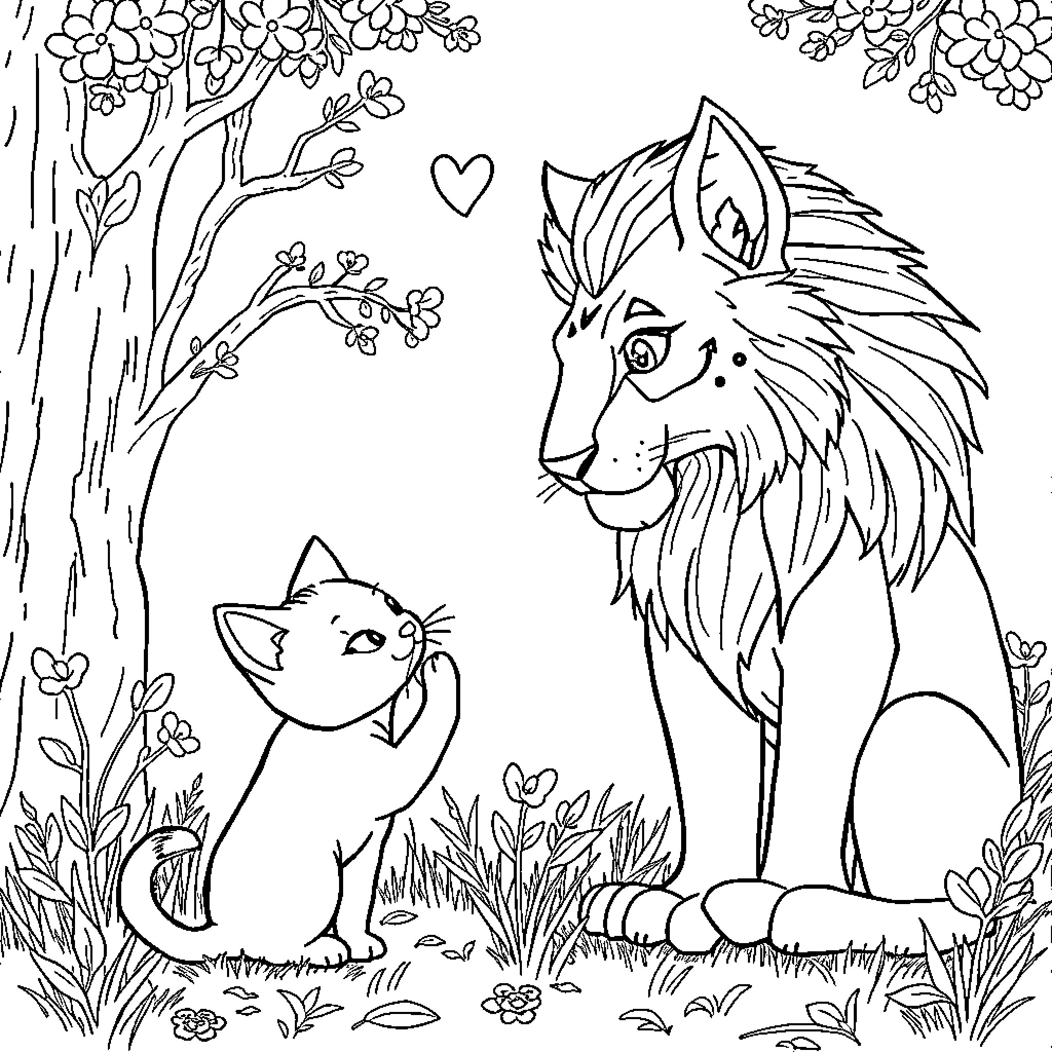 Cat and Lion in Floral Forest Coloring Page (free black-and-white line drawing printable PDF for all, from beginners to advanced learners, including children, teens, adults, and seniors)