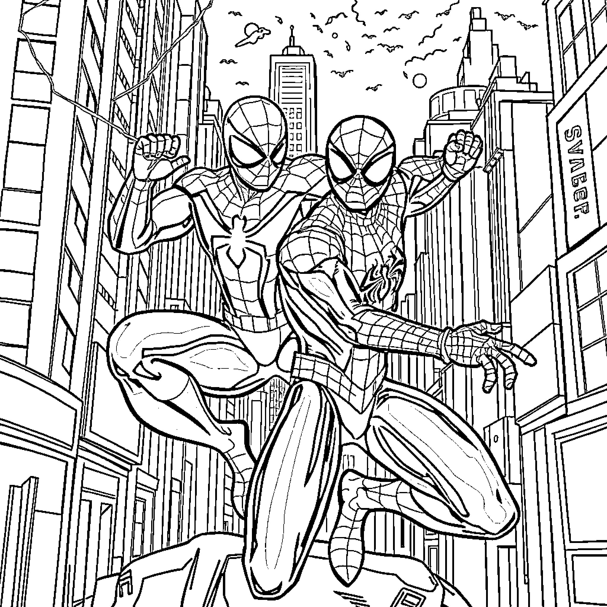 Bluey's Spidery Adventures in the City Coloring Page (free black-and-white line drawing printable PDF for all, from beginners to advanced learners, including children, teens, adults, and seniors)