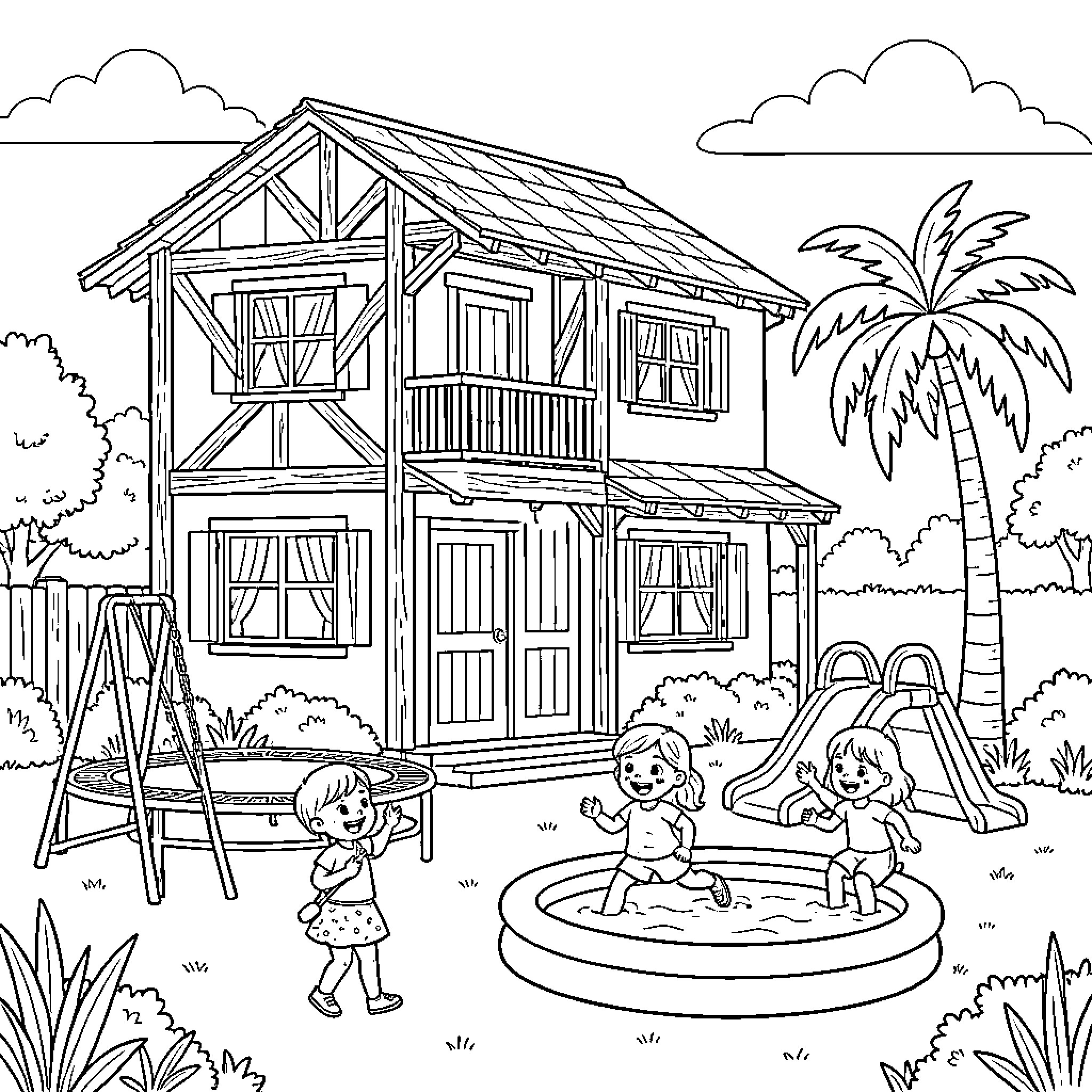 Maison with children playing joyfully in the garden Coloring Page (free black-and-white line drawing printable PDF for all, from beginners to advanced learners, including children, teens, adults, and seniors)