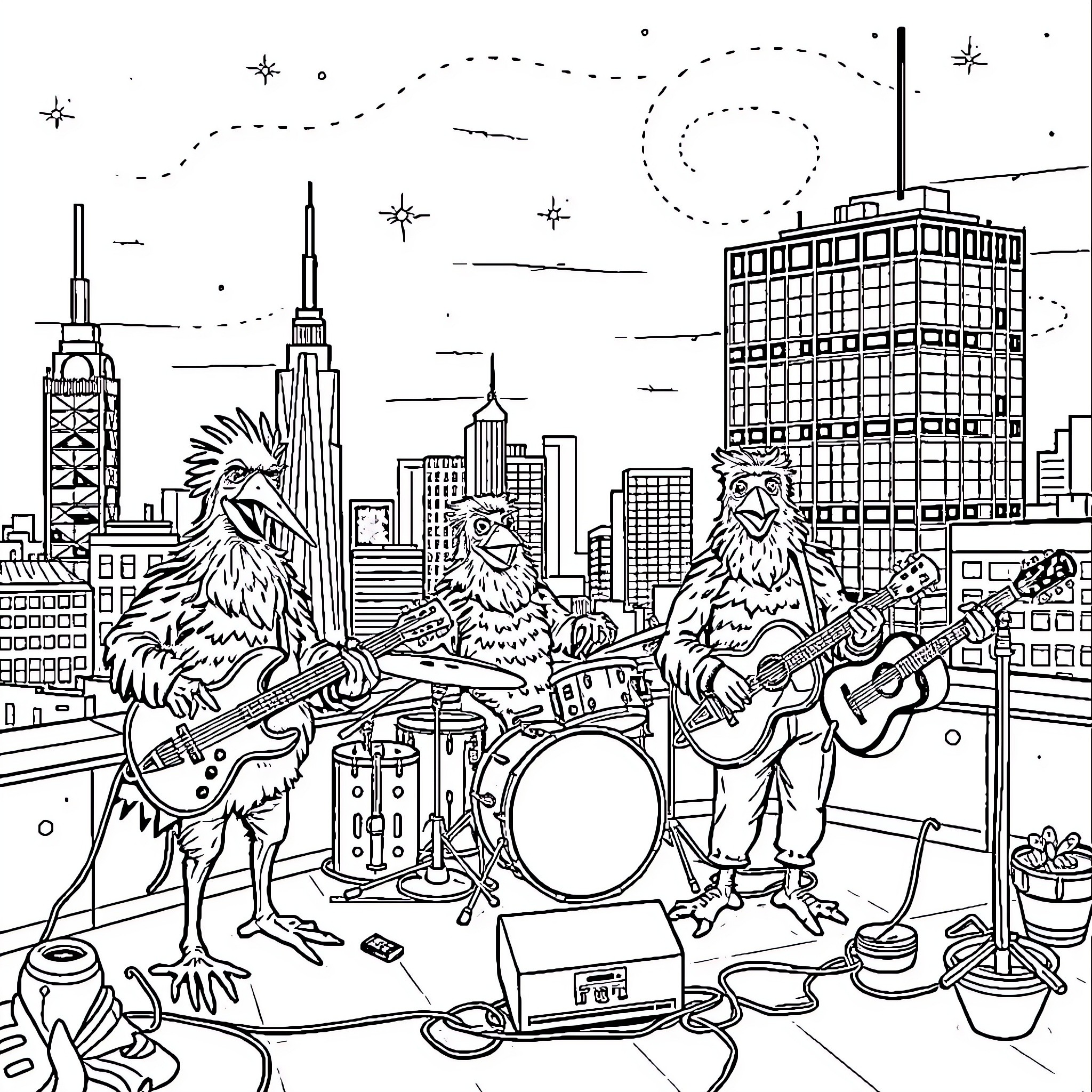 Party Fowl: Rocking Out on the City Rooftop Coloring Page (free black-and-white line drawing printable PDF for all, from beginners to advanced learners, including children, teens, adults, and seniors)