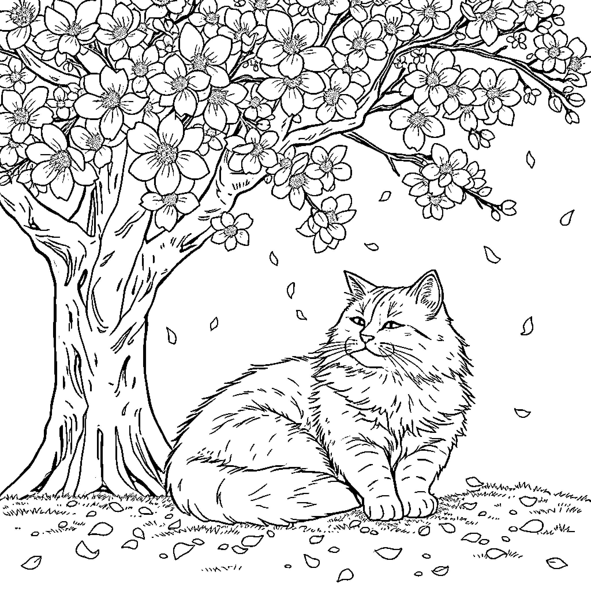 Cat under blooming tree Coloring Page (free black-and-white line drawing printable PDF for all, from beginners to advanced learners, including children, teens, adults, and seniors)