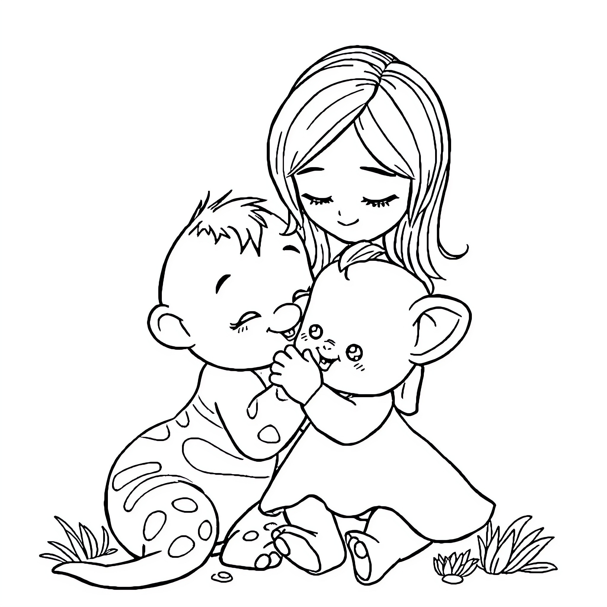 Baby tenderly embracing young child Coloring Page (free black-and-white line drawing printable PDF for all, from beginners to advanced learners, including children, teens, adults, and seniors)