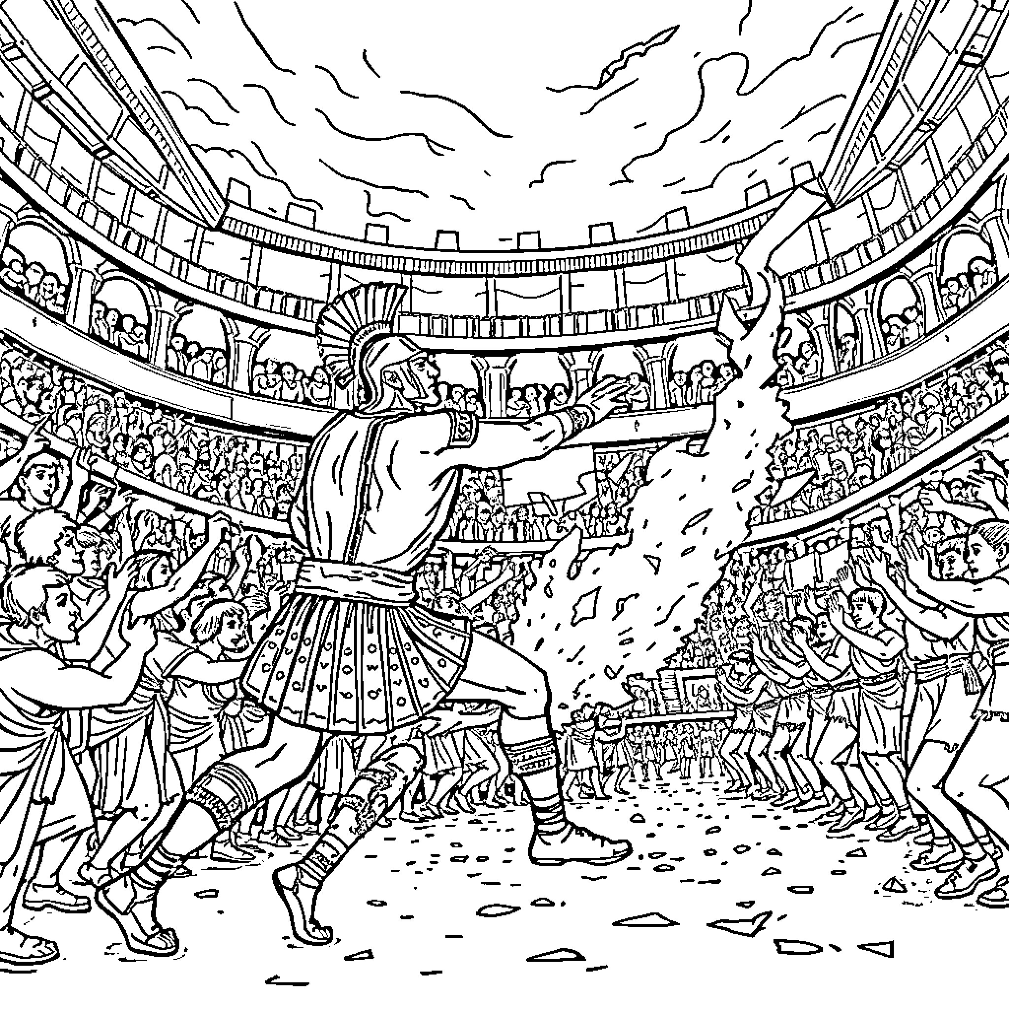 Gladiator's Epic Battle in the Colosseum Arena Coloring Page (free black-and-white line drawing printable PDF for all, from beginners to advanced learners, including children, teens, adults, and seniors)