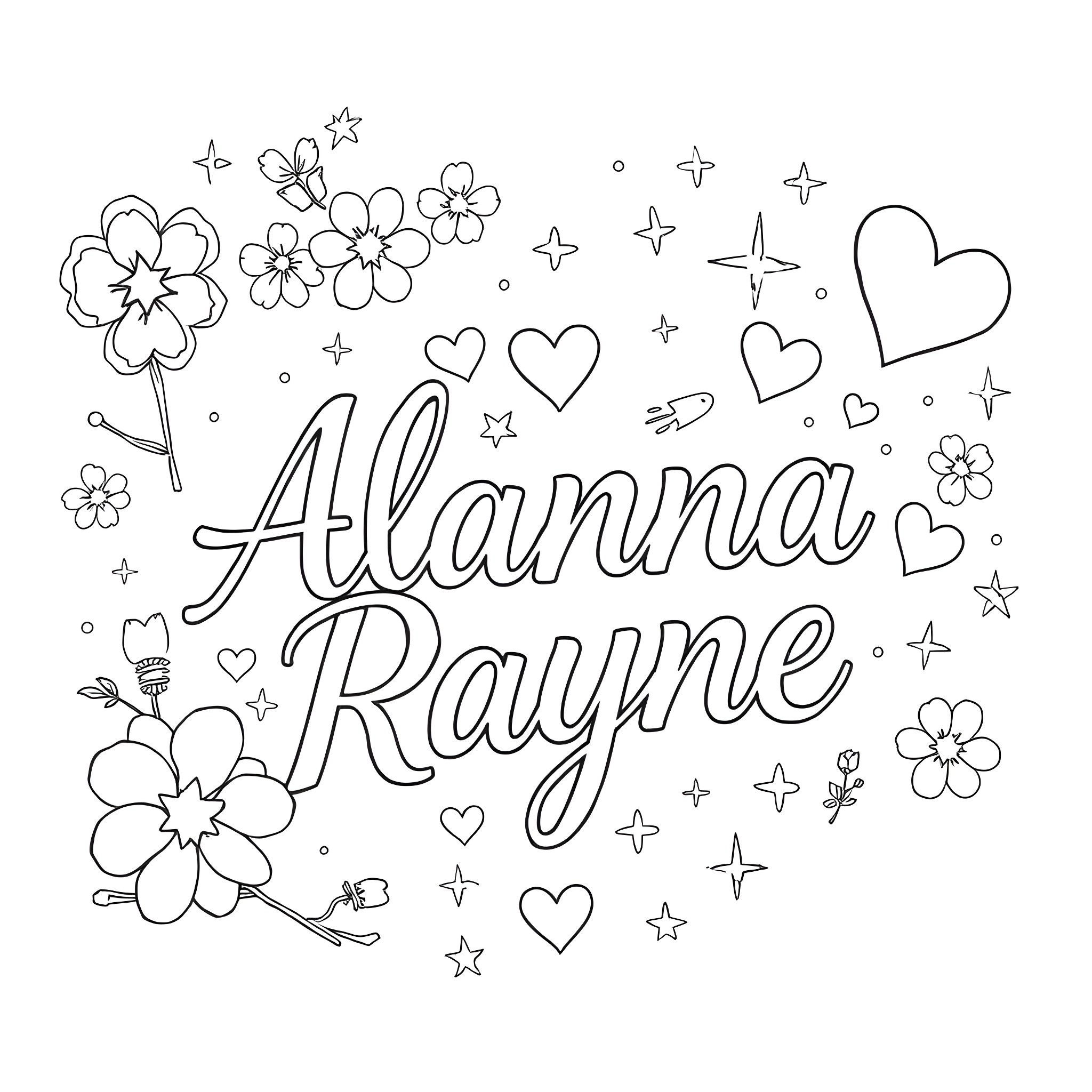 Font with flowers and hearts Coloring Page (free black-and-white line drawing printable PDF for all, from beginners to advanced learners, including children, teens, adults, and seniors)