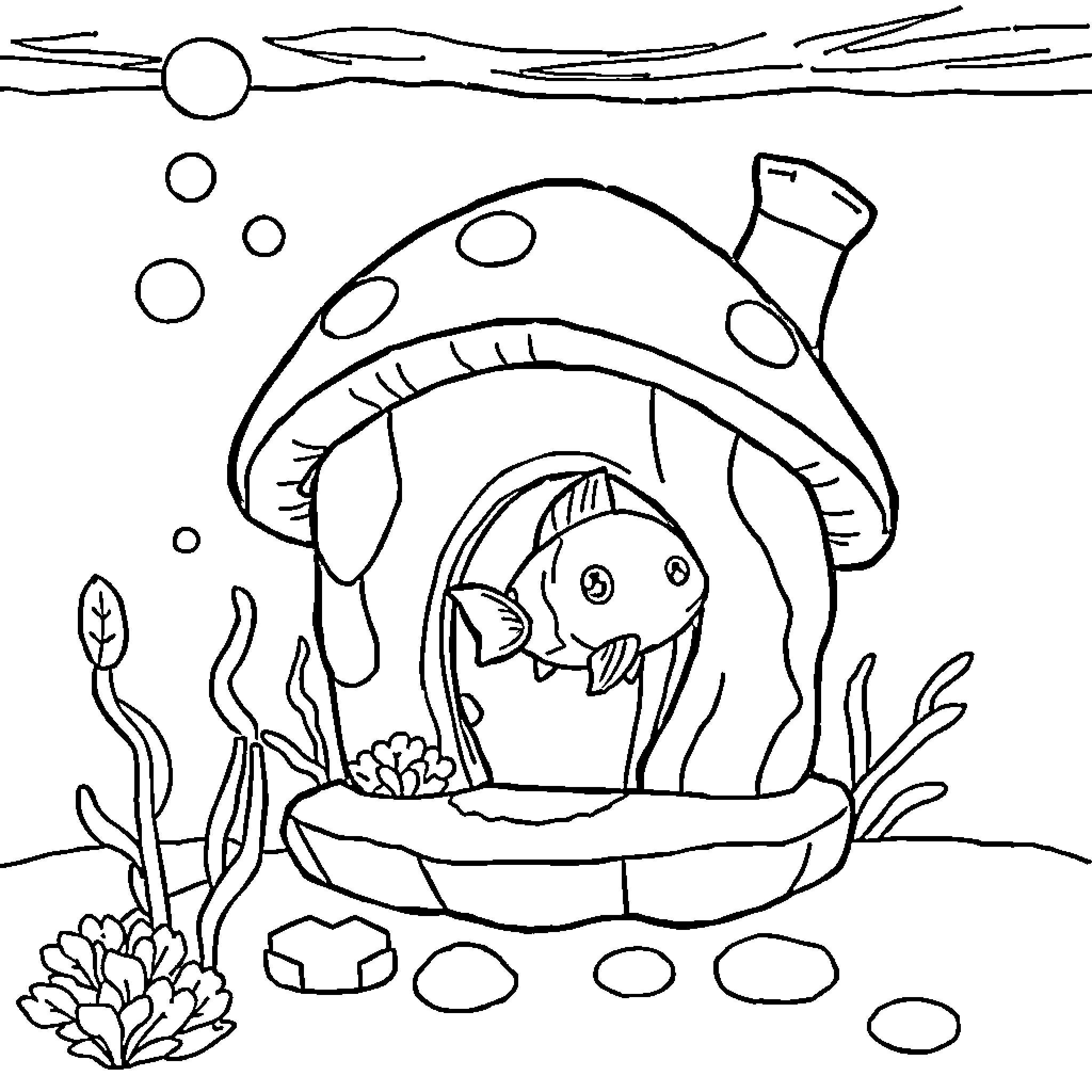 House with a fish inside swimming peacefully Coloring Page (free black-and-white line drawing printable PDF for all, from beginners to advanced learners, including children, teens, adults, and seniors)