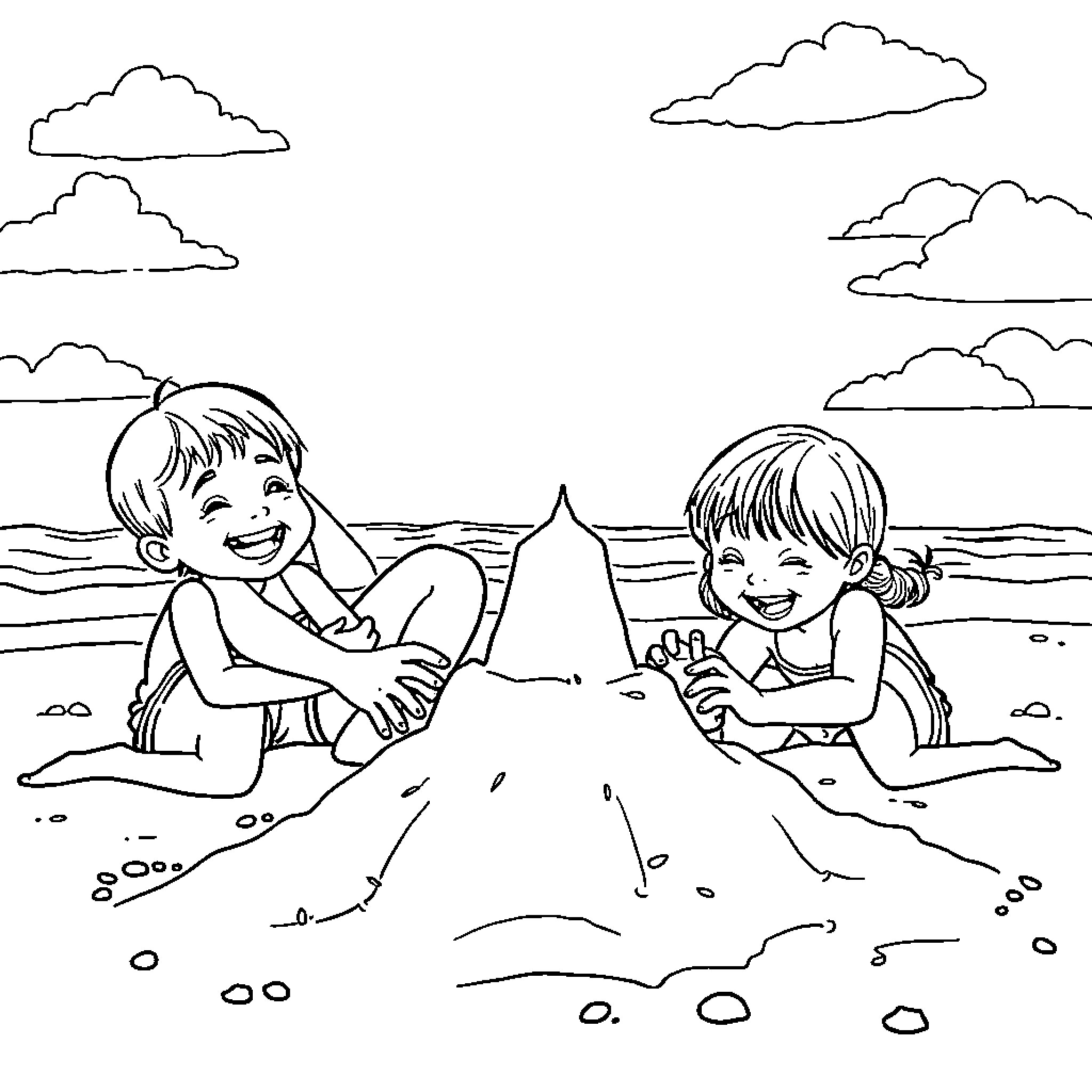 Child playing in the sand at the beach Coloring Page (free black-and-white line drawing printable PDF for all, from beginners to advanced learners, including children, teens, adults, and seniors)