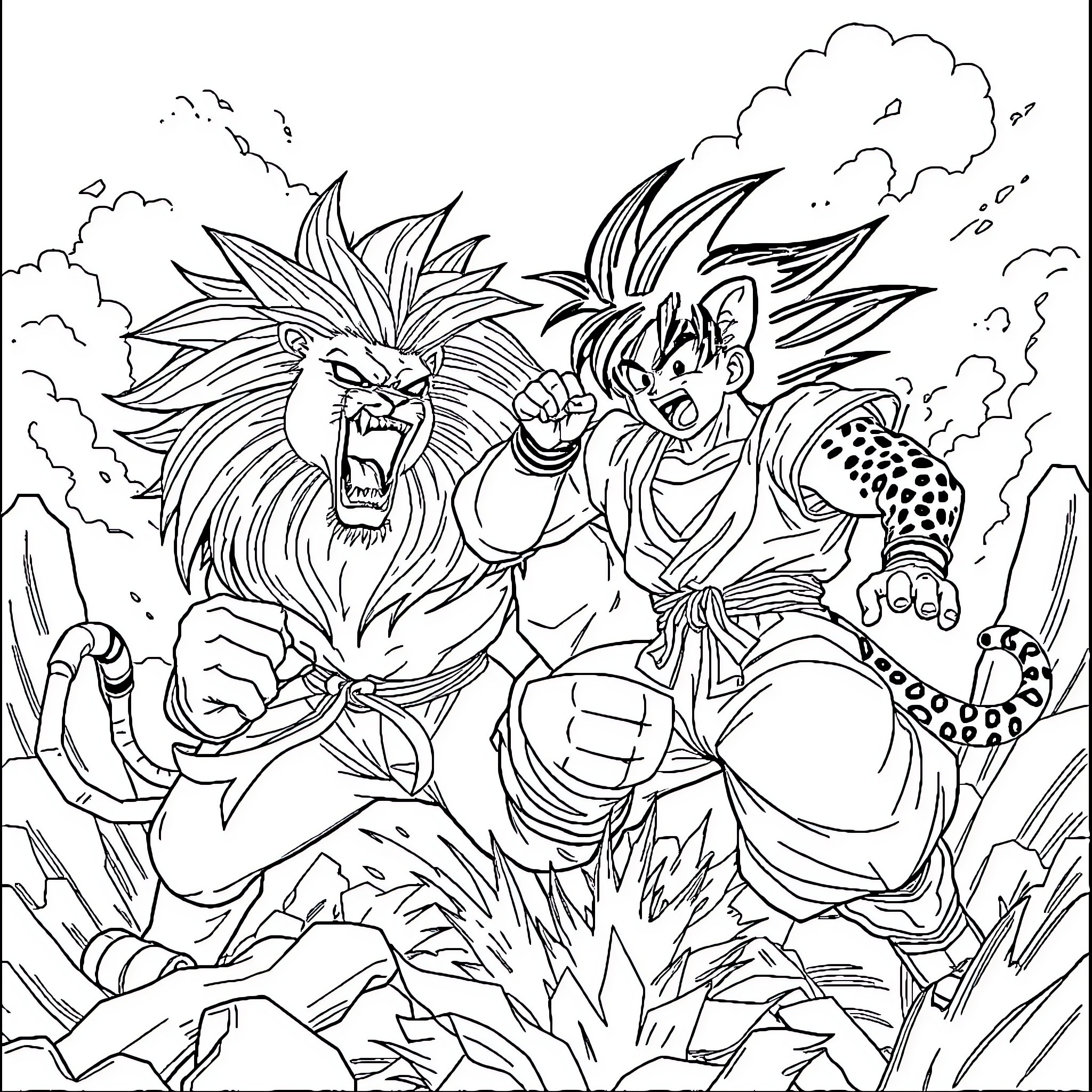 Lion and warrior fighting in intense battle Coloring Page (free black-and-white line drawing printable PDF for all, from beginners to advanced learners, including children, teens, adults, and seniors)