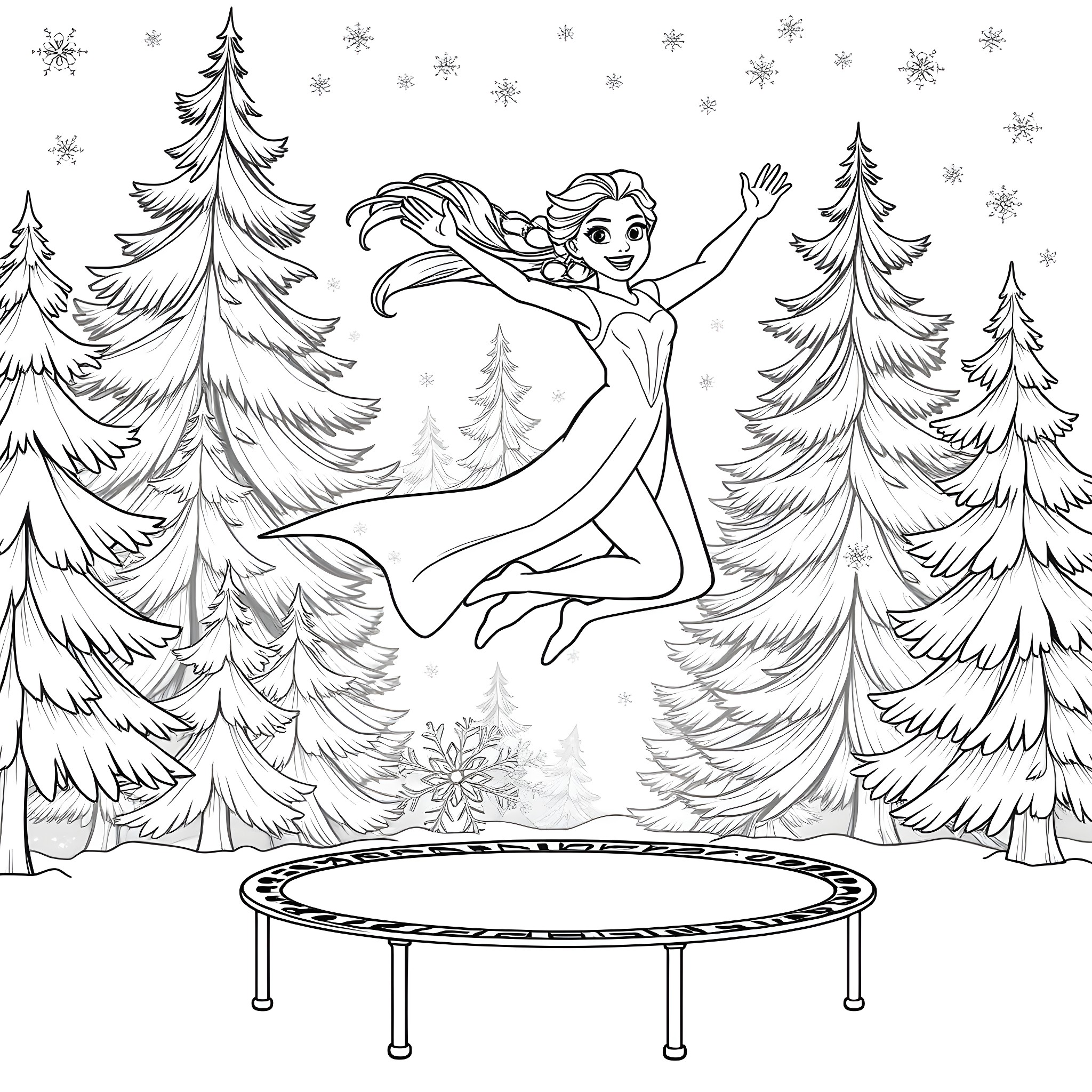 Elsa Joyfully Leaping in a Snowy Wonderland Coloring Page (free black-and-white line drawing printable PDF for all, from beginners to advanced learners, including children, teens, adults, and seniors)