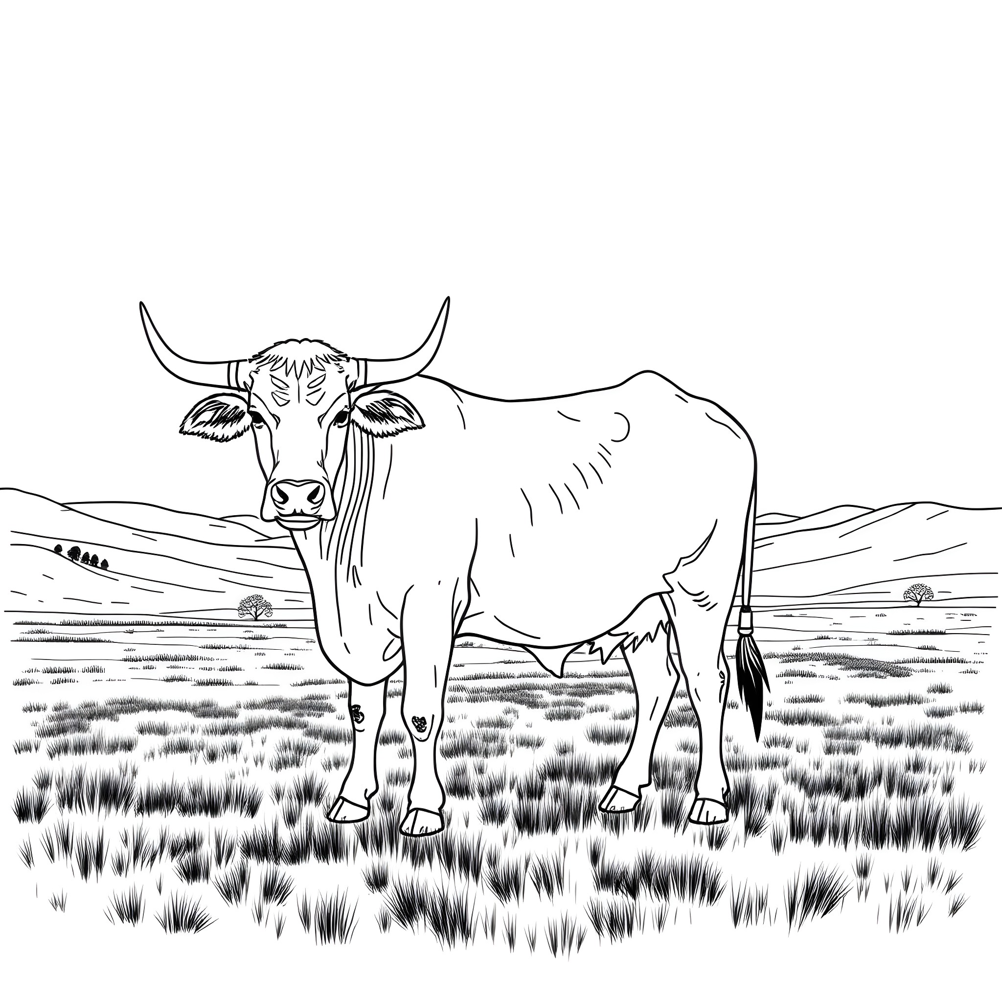 Ox standing in a grassy field Coloring Page (free black-and-white line drawing printable PDF for all, from beginners to advanced learners, including children, teens, adults, and seniors)