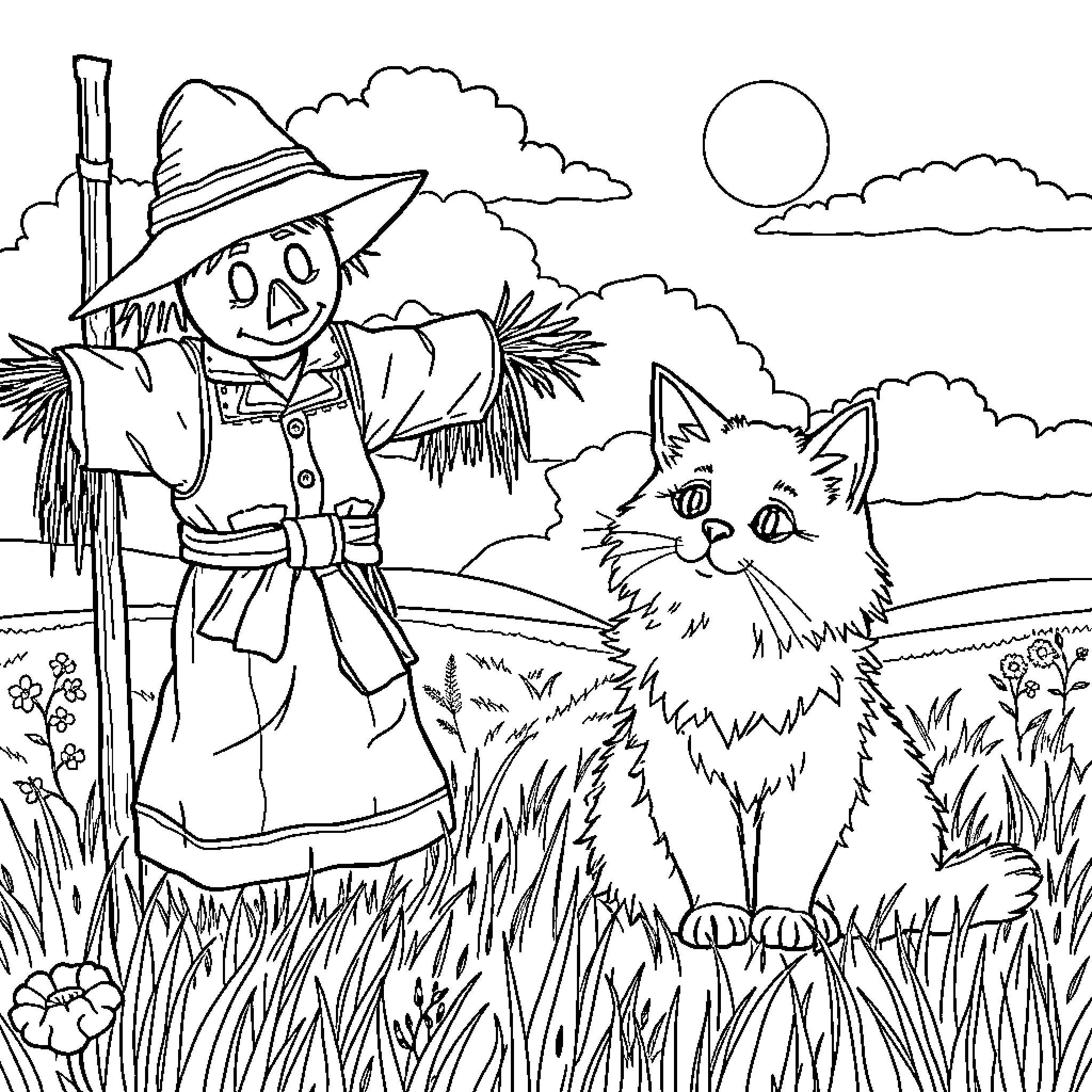 Cat and Scarecrow in the Countryside Coloring Page (free black-and-white line drawing printable PDF for all, from beginners to advanced learners, including children, teens, adults, and seniors)