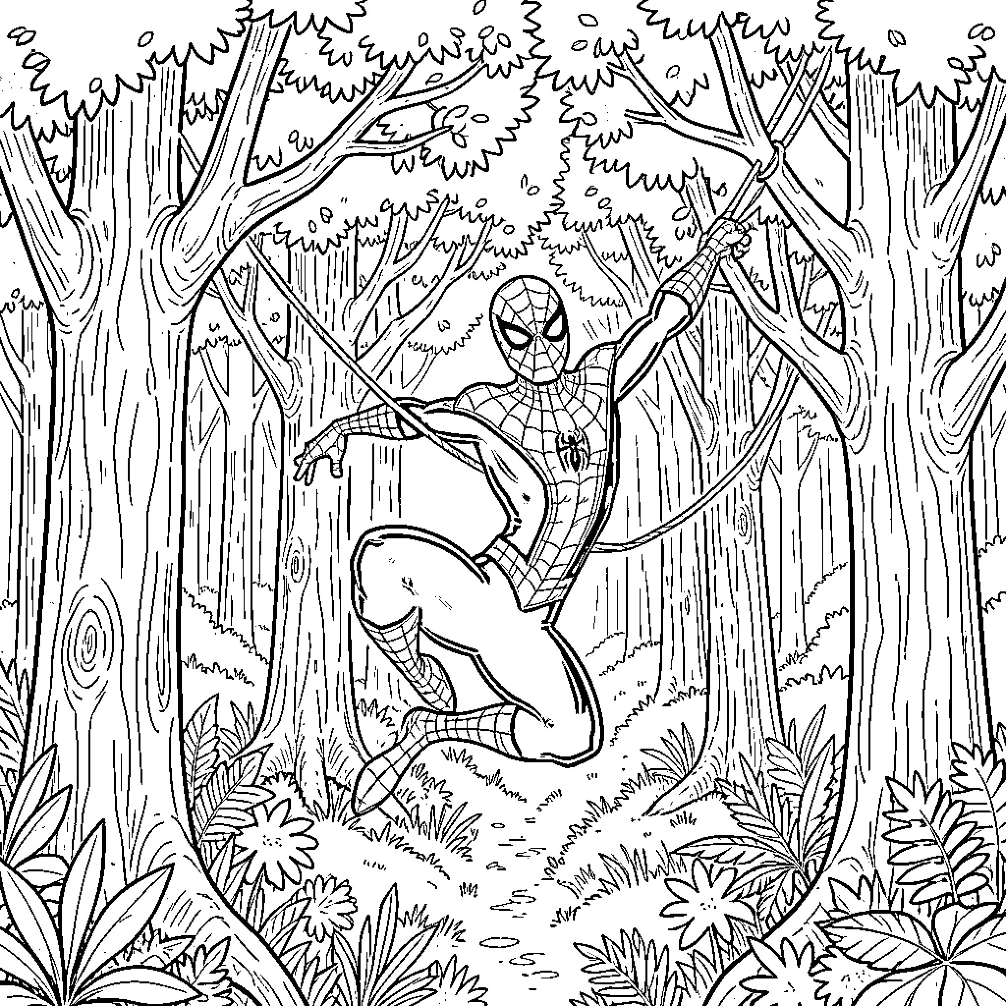Spider-Man swinging through a dense forest Coloring Page (free black-and-white line drawing printable PDF for all, from beginners to advanced learners, including children, teens, adults, and seniors)