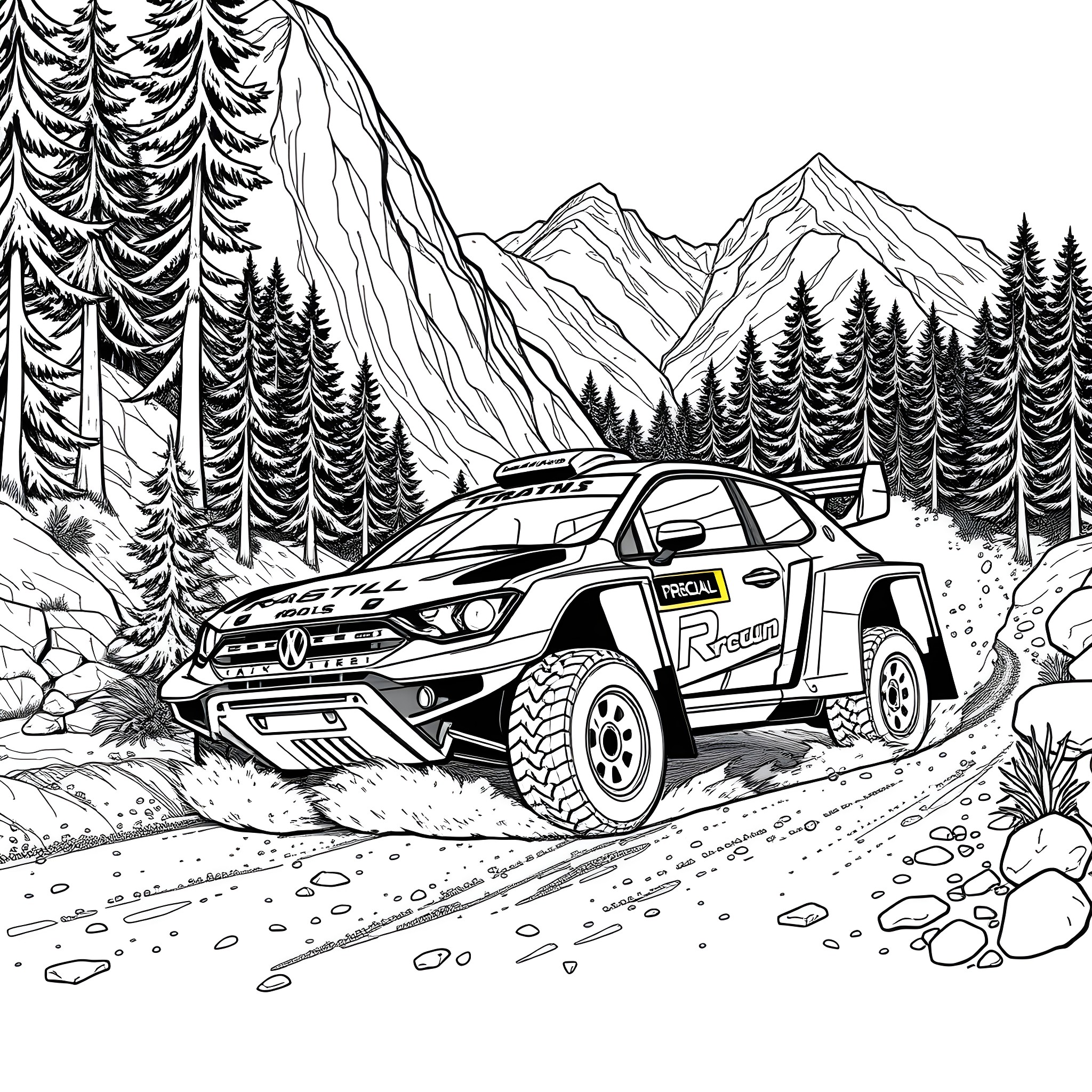 Rally Car Racing Through Rocky Mountainous Terrain Coloring Page (free black-and-white line drawing printable PDF for all, from beginners to advanced learners, including children, teens, adults, and seniors)