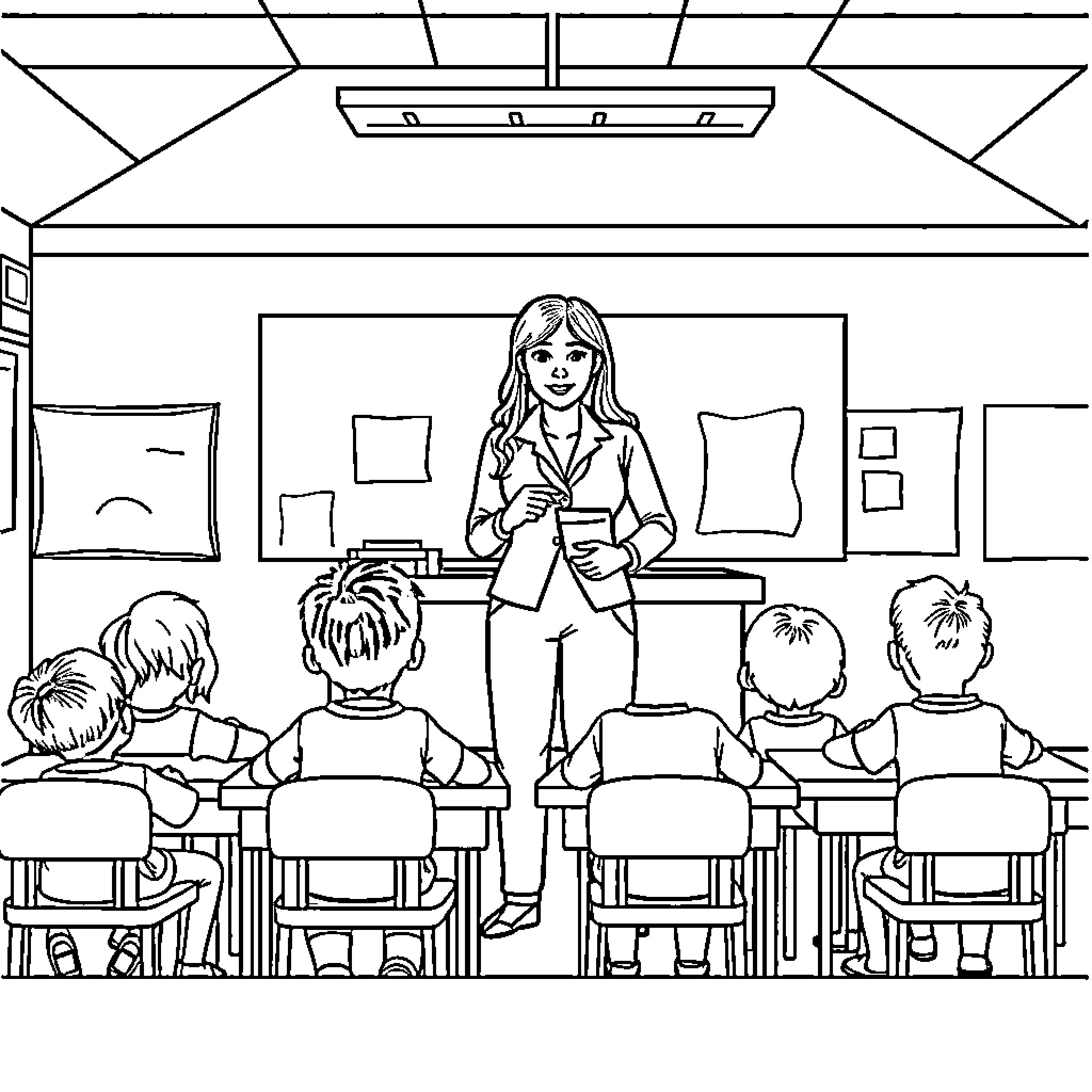 Teacher instructing students in the classroom Coloring Page (free black-and-white line drawing printable PDF for all, from beginners to advanced learners, including children, teens, adults, and seniors)