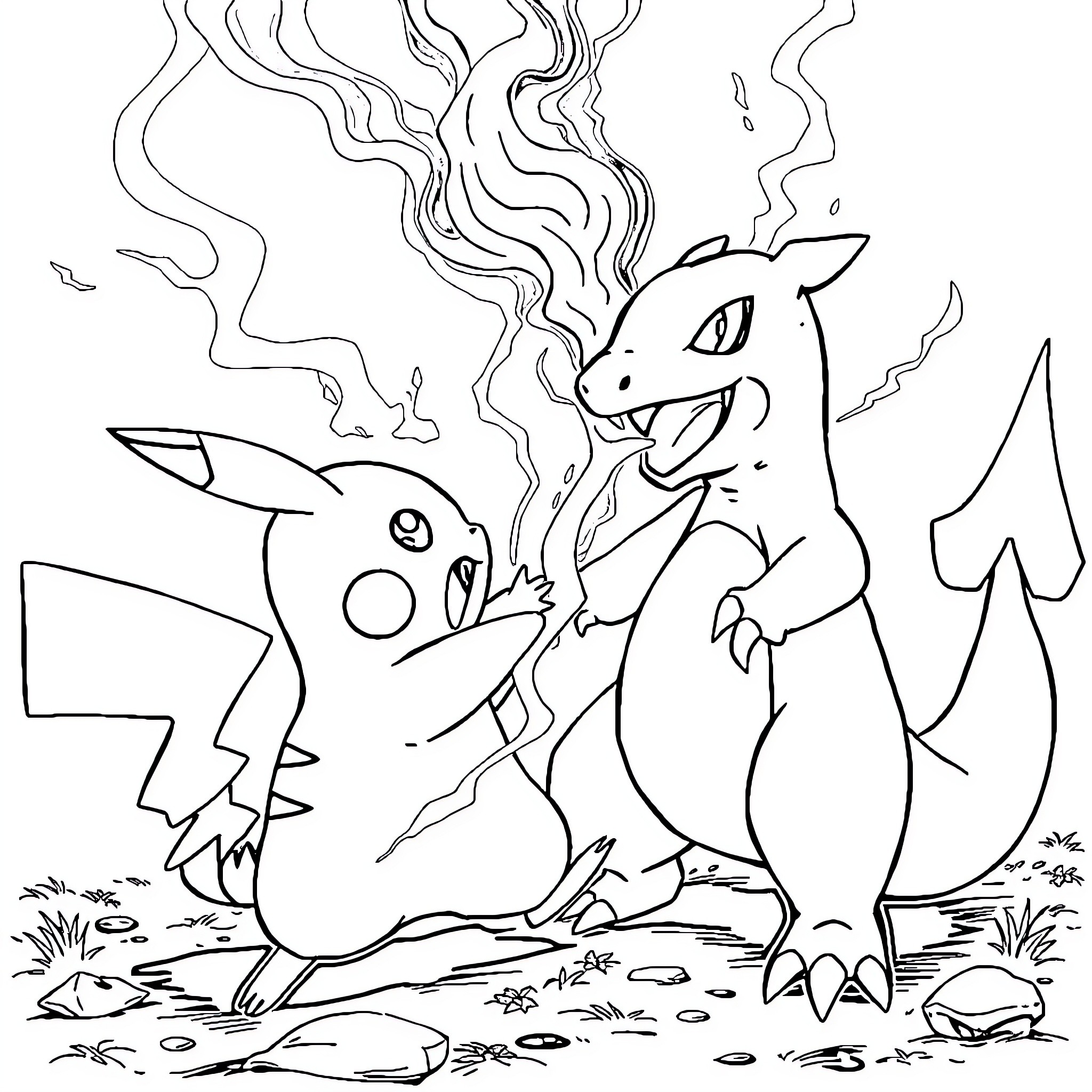 Pikachu and Charizard in a Heated Confrontation Coloring Page (free black-and-white line drawing printable PDF for all, from beginners to advanced learners, including children, teens, adults, and seniors)