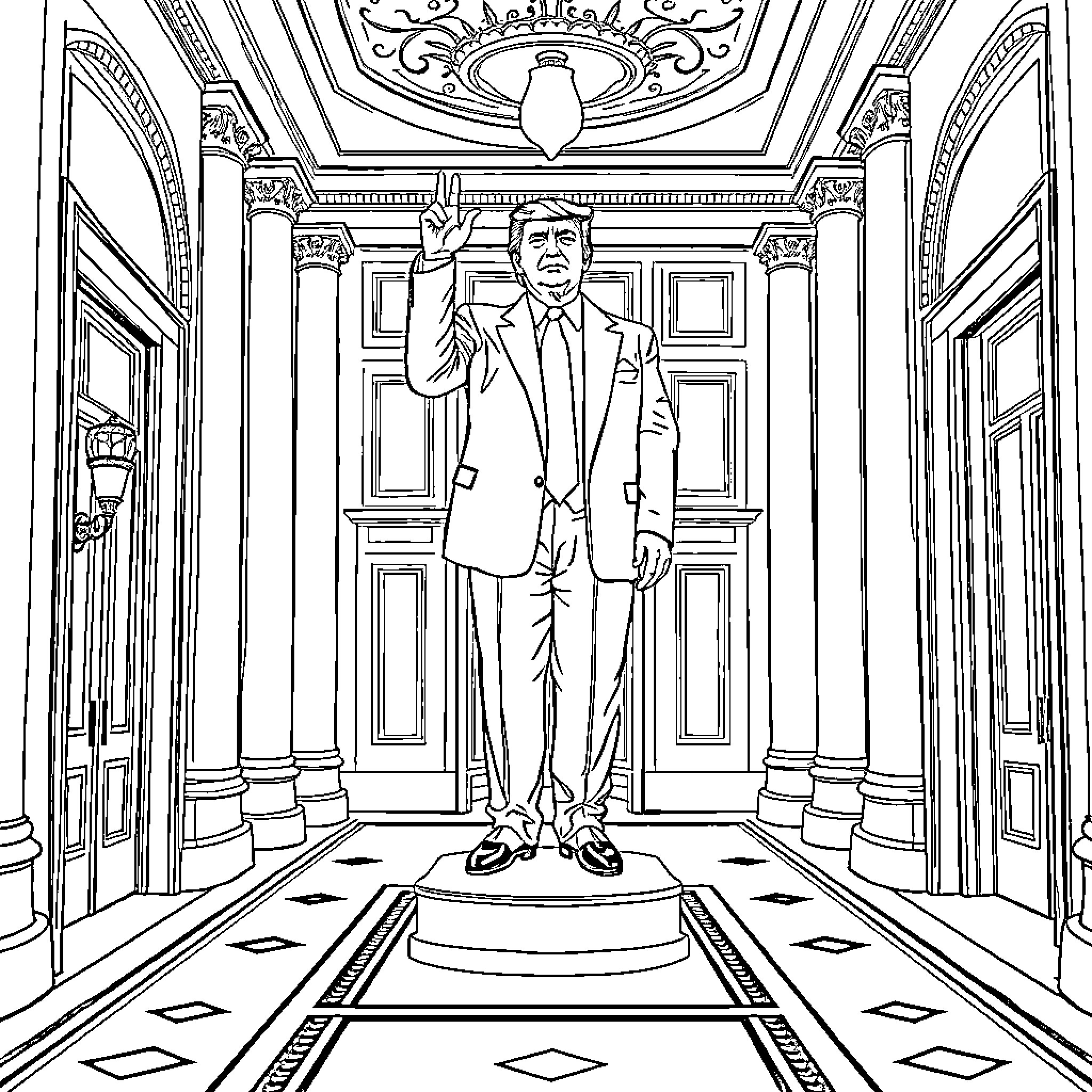 Trump standing proudly in an ornate hallway Coloring Page (free black-and-white line drawing printable PDF for all, from beginners to advanced learners, including children, teens, adults, and seniors)