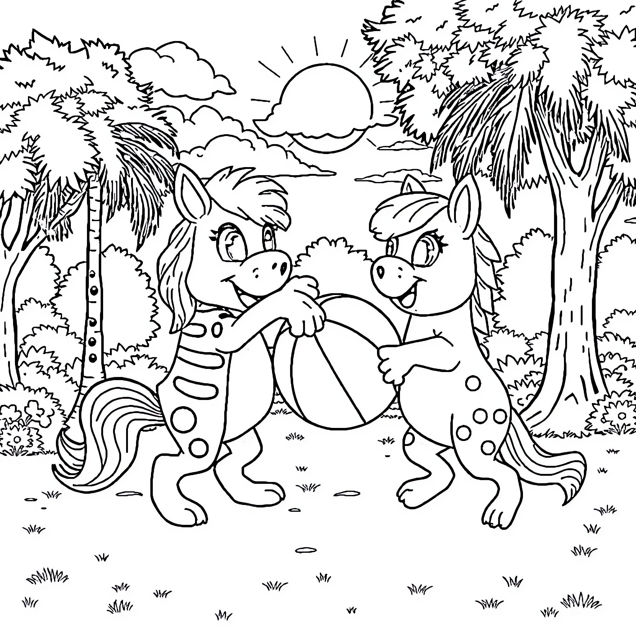 Tralalero two playful ponies in tropical setting Coloring Page (free black-and-white line drawing printable PDF for all, from beginners to advanced learners, including children, teens, adults, and seniors)