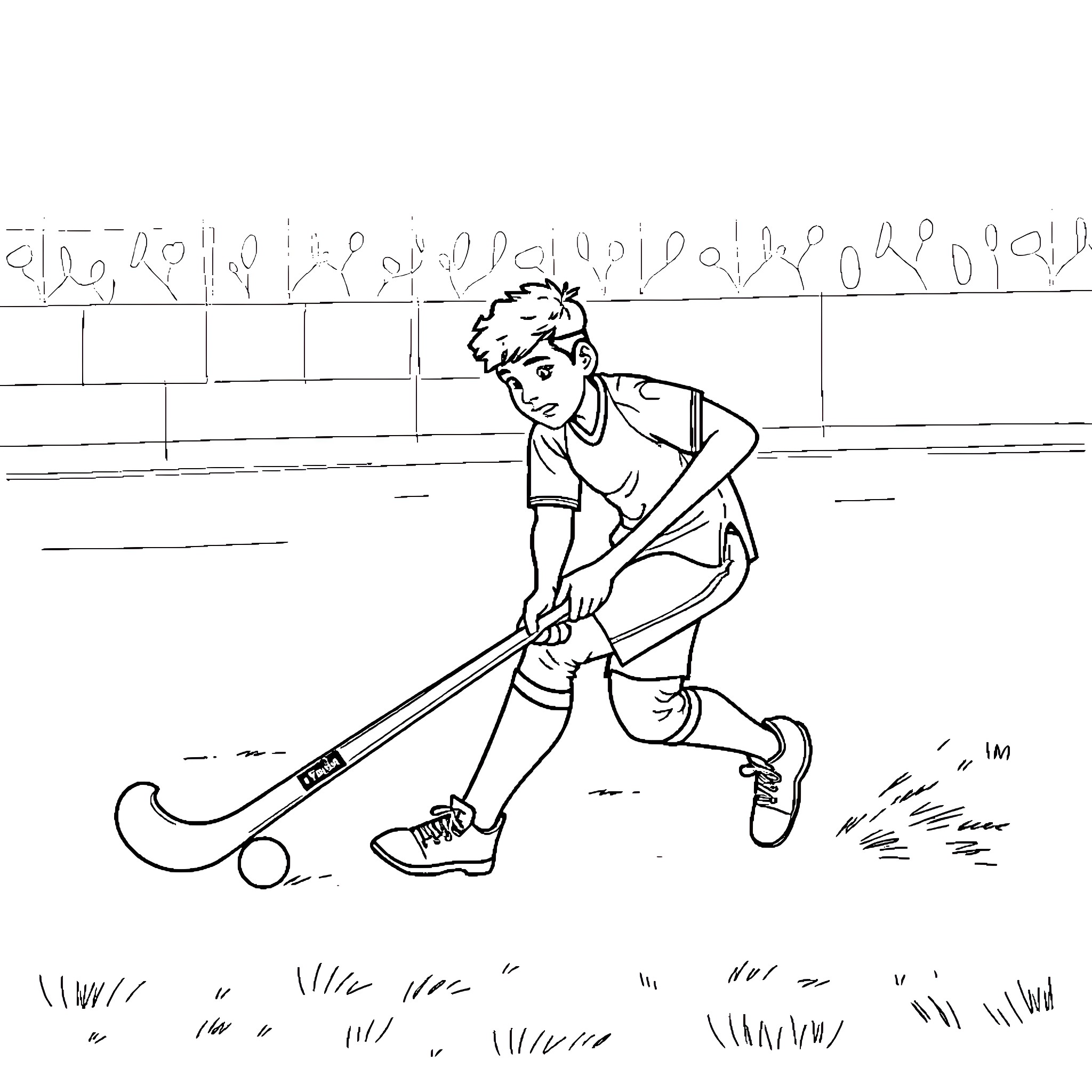 Babar Azam playing field hockey on the pitch Coloring Page (free black-and-white line drawing printable PDF for all, from beginners to advanced learners, including children, teens, adults, and seniors)