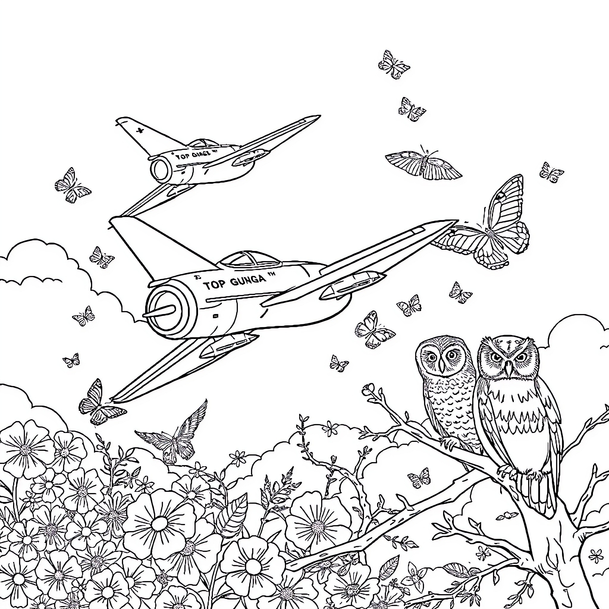 Butterfly Airplanes and Owls in Flowery Meadow Coloring Page (free black-and-white line drawing printable PDF for all, from beginners to advanced learners, including children, teens, adults, and seniors)