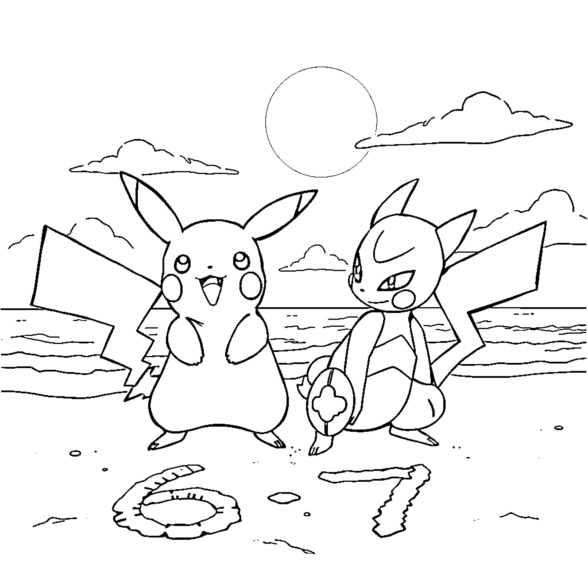 Pikachu and Charmander playing on the beach Coloring Page (free black-and-white line drawing printable PDF for all, from beginners to advanced learners, including children, teens, adults, and seniors)