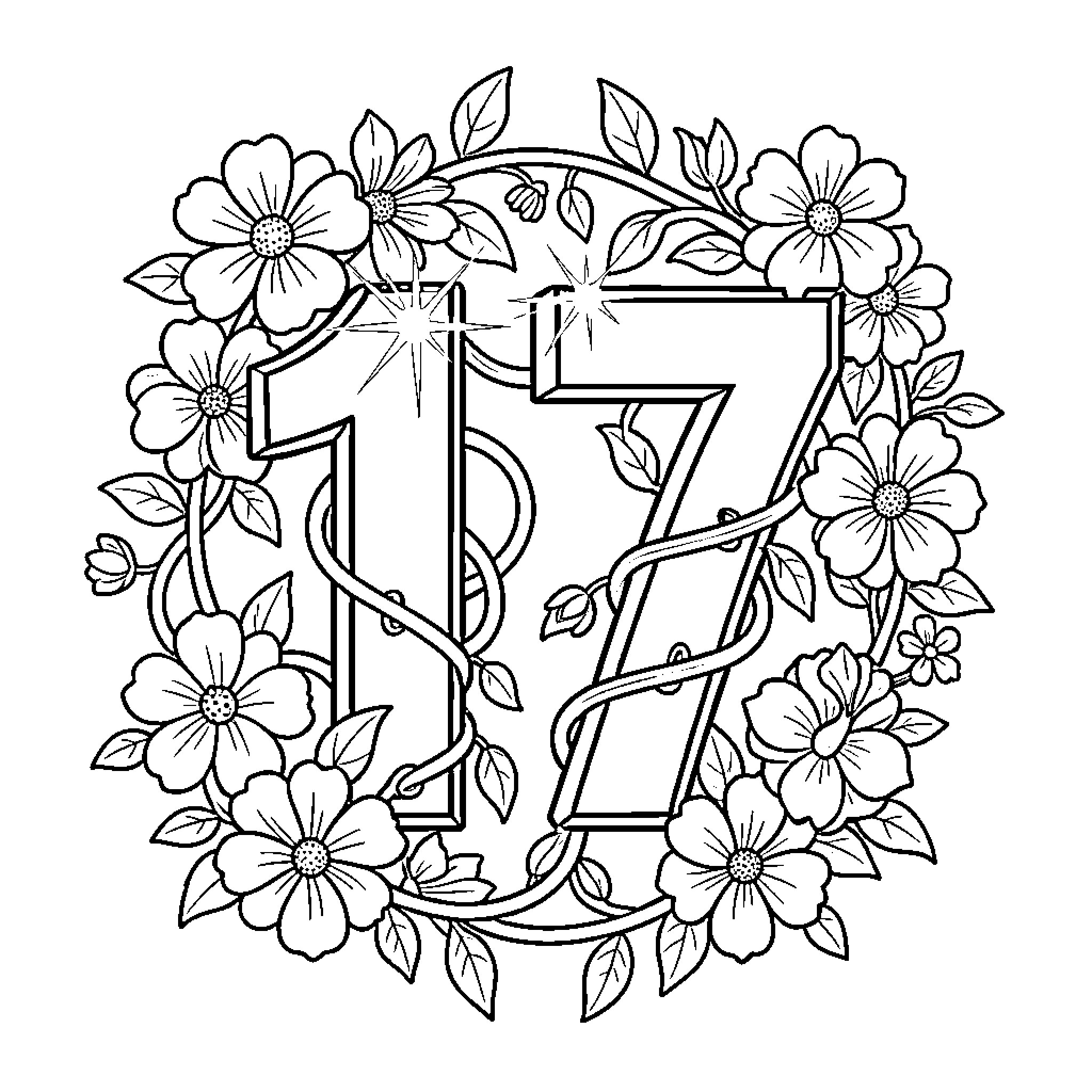 Number 17 with Floral Wreath Design Coloring Page (free black-and-white line drawing printable PDF for all, from beginners to advanced learners, including children, teens, adults, and seniors)