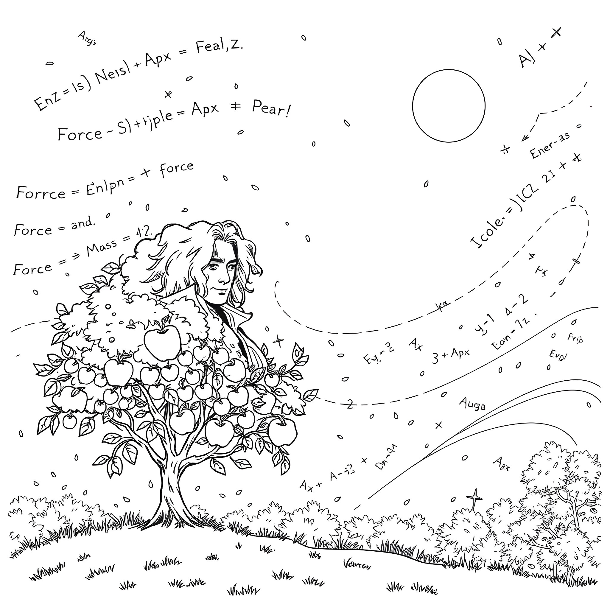 Newton's Apple Tree with Mathematical Equations Coloring Page (free black-and-white line drawing printable PDF for all, from beginners to advanced learners, including children, teens, adults, and seniors)