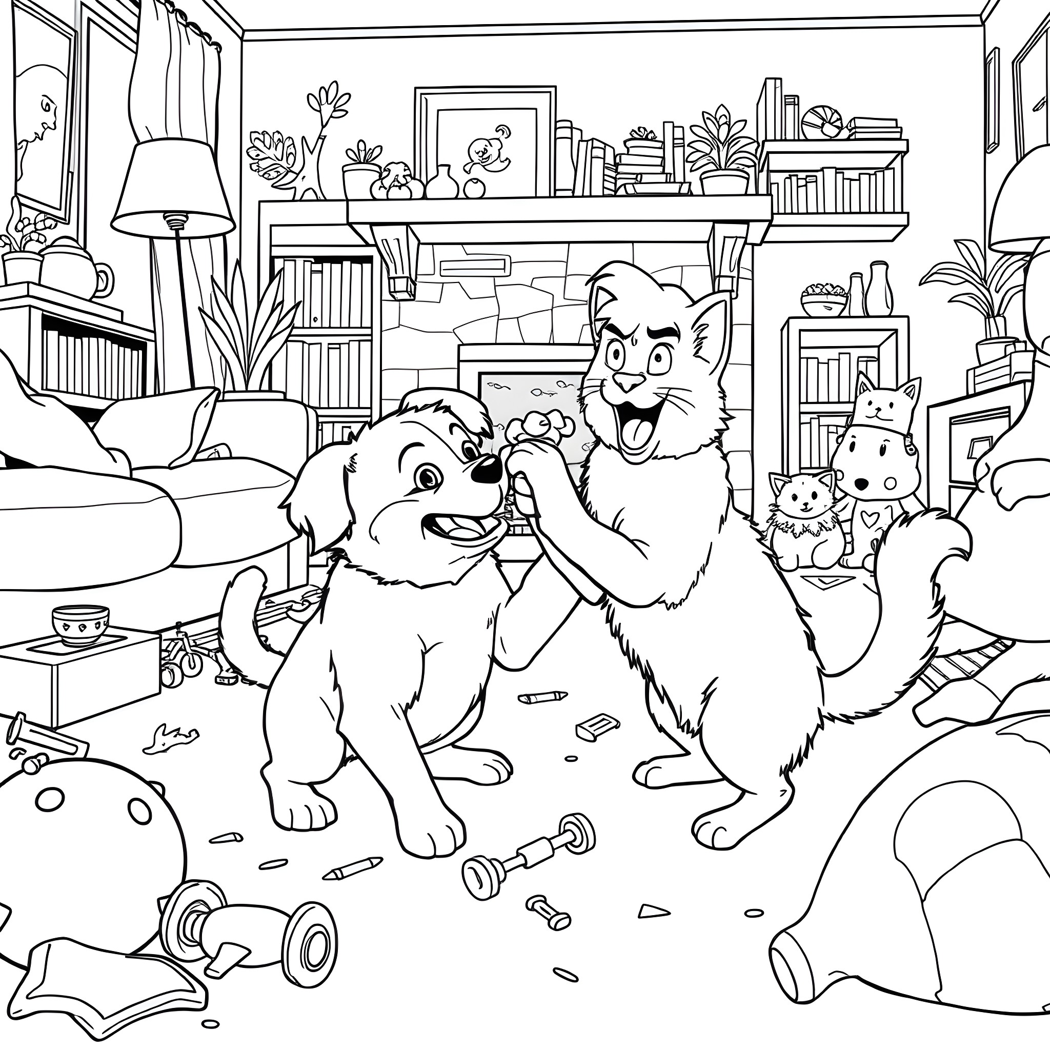 Dogs playing happily in a cozy living room Coloring Page (free black-and-white line drawing printable PDF for all, from beginners to advanced learners, including children, teens, adults, and seniors)