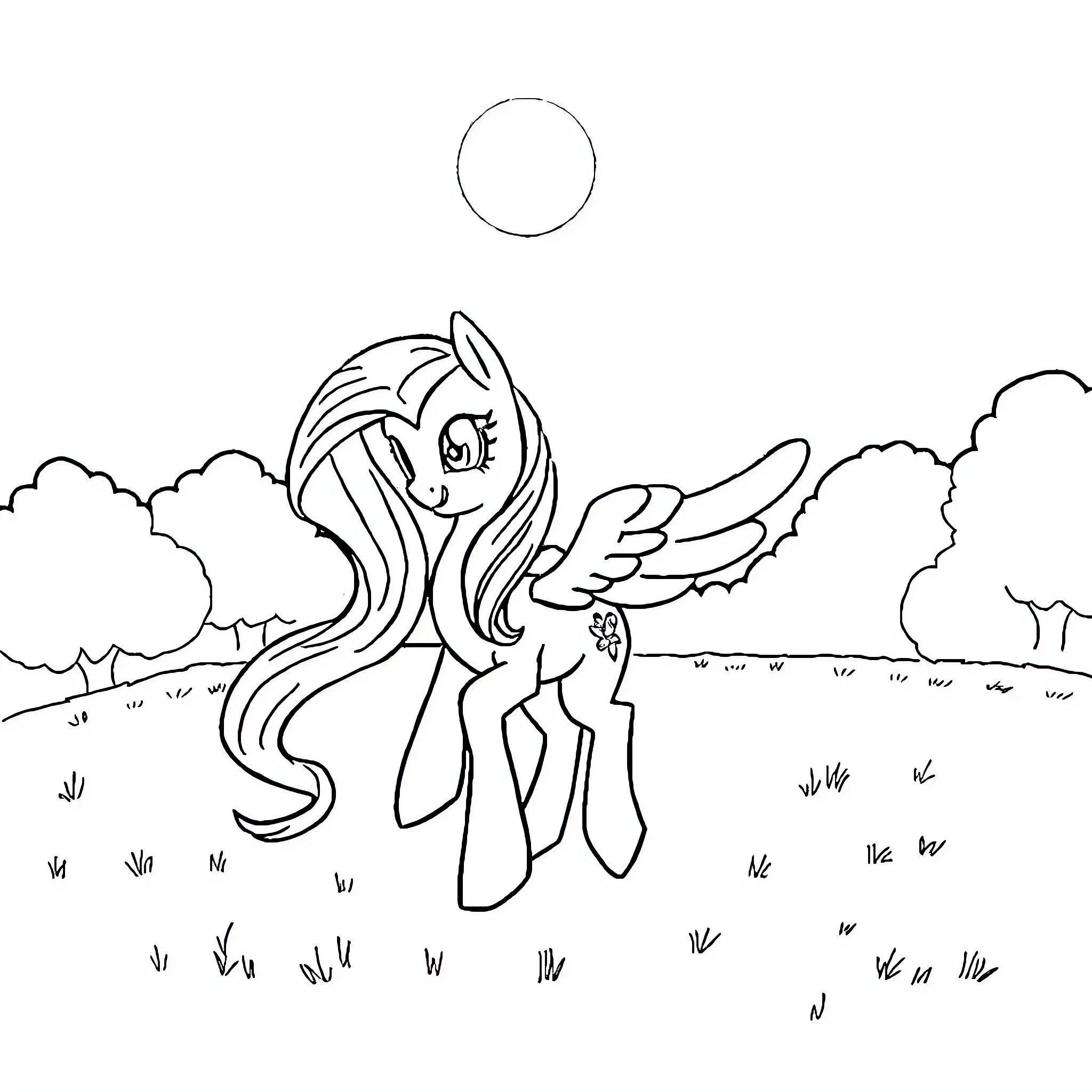 Twilight Sparkle exploring nature in a serene landscape Coloring Page (free black-and-white line drawing printable PDF for all, from beginners to advanced learners, including children, teens, adults, and seniors)