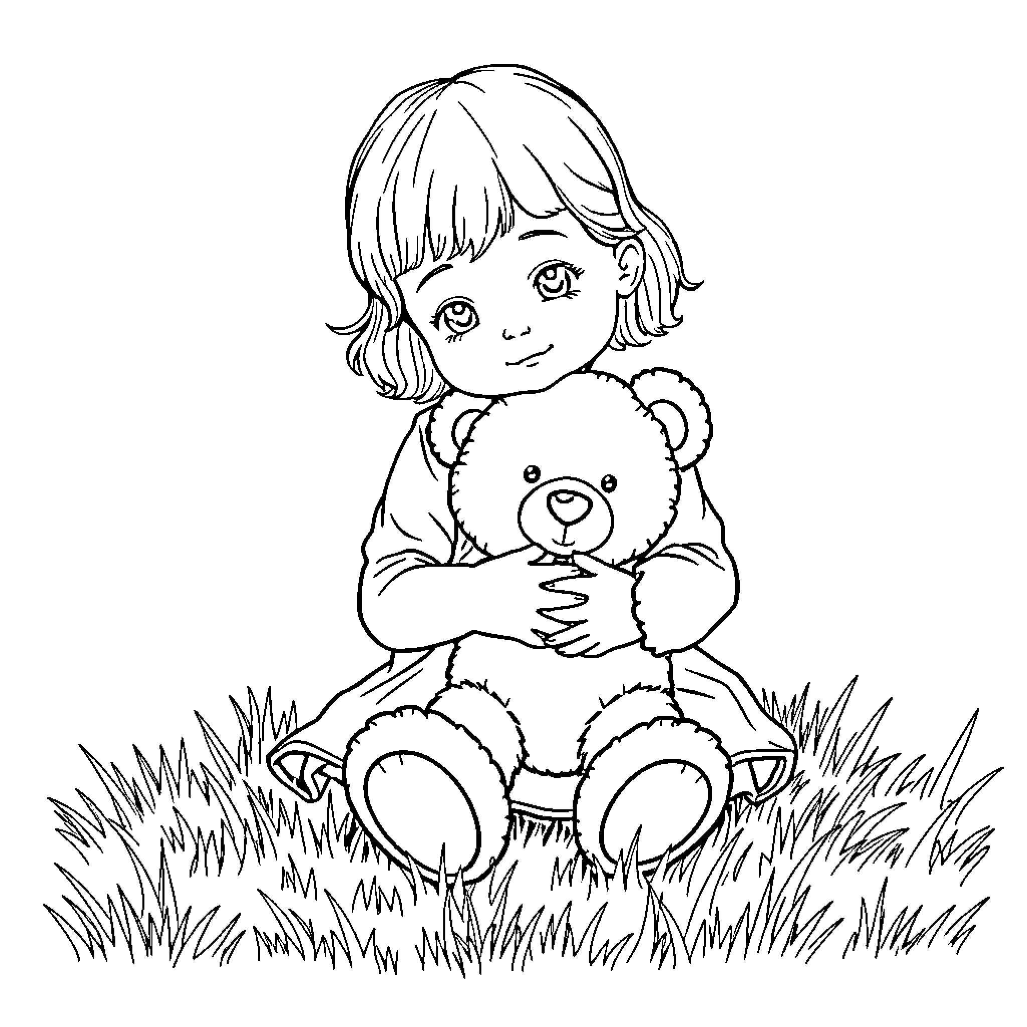 Girl hugging a plush toy in the grass Coloring Page (free black-and-white line drawing printable PDF for all, from beginners to advanced learners, including children, teens, adults, and seniors)