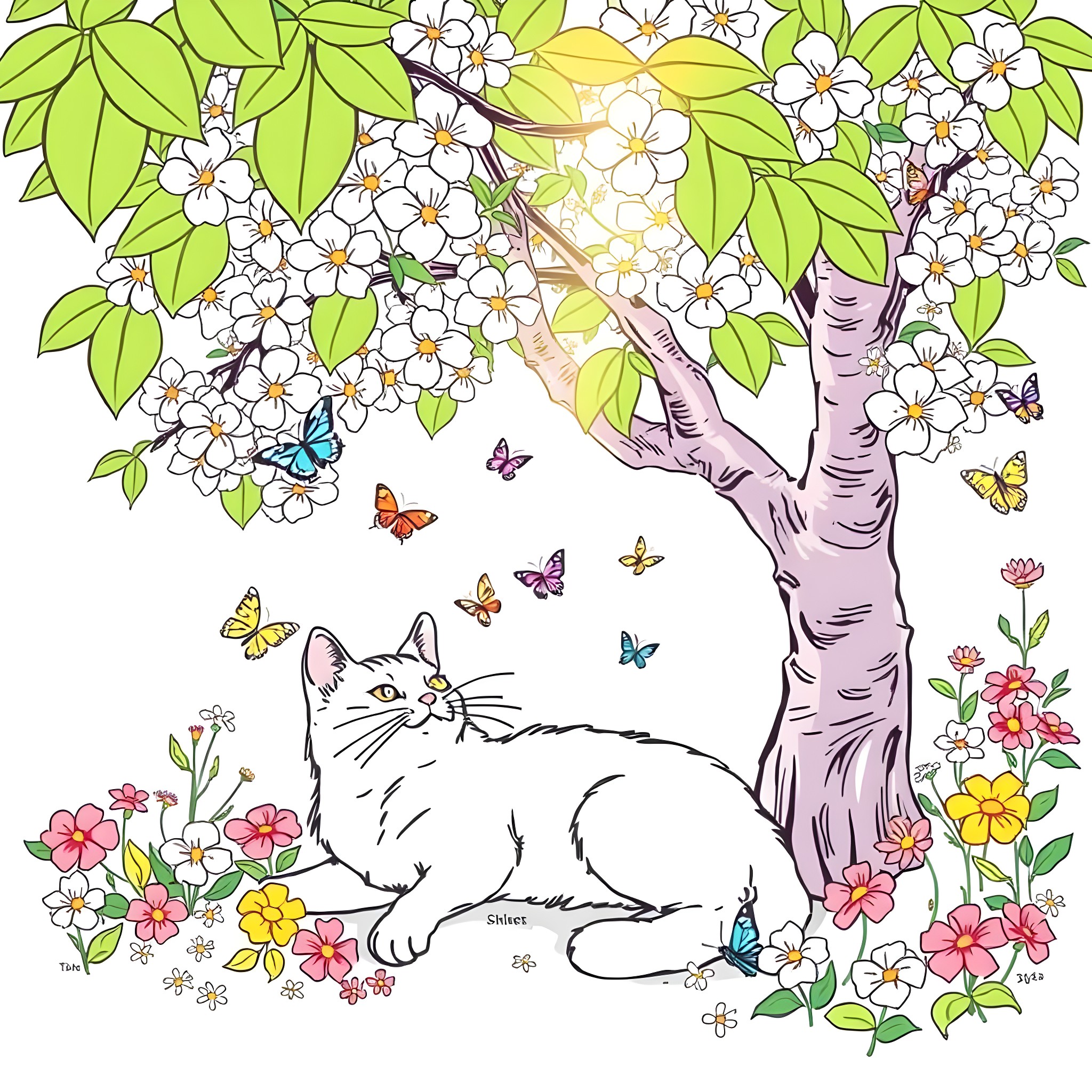 Cat enjoying the blooming floral garden Coloring Page (free black-and-white line drawing printable PDF for all, from beginners to advanced learners, including children, teens, adults, and seniors)