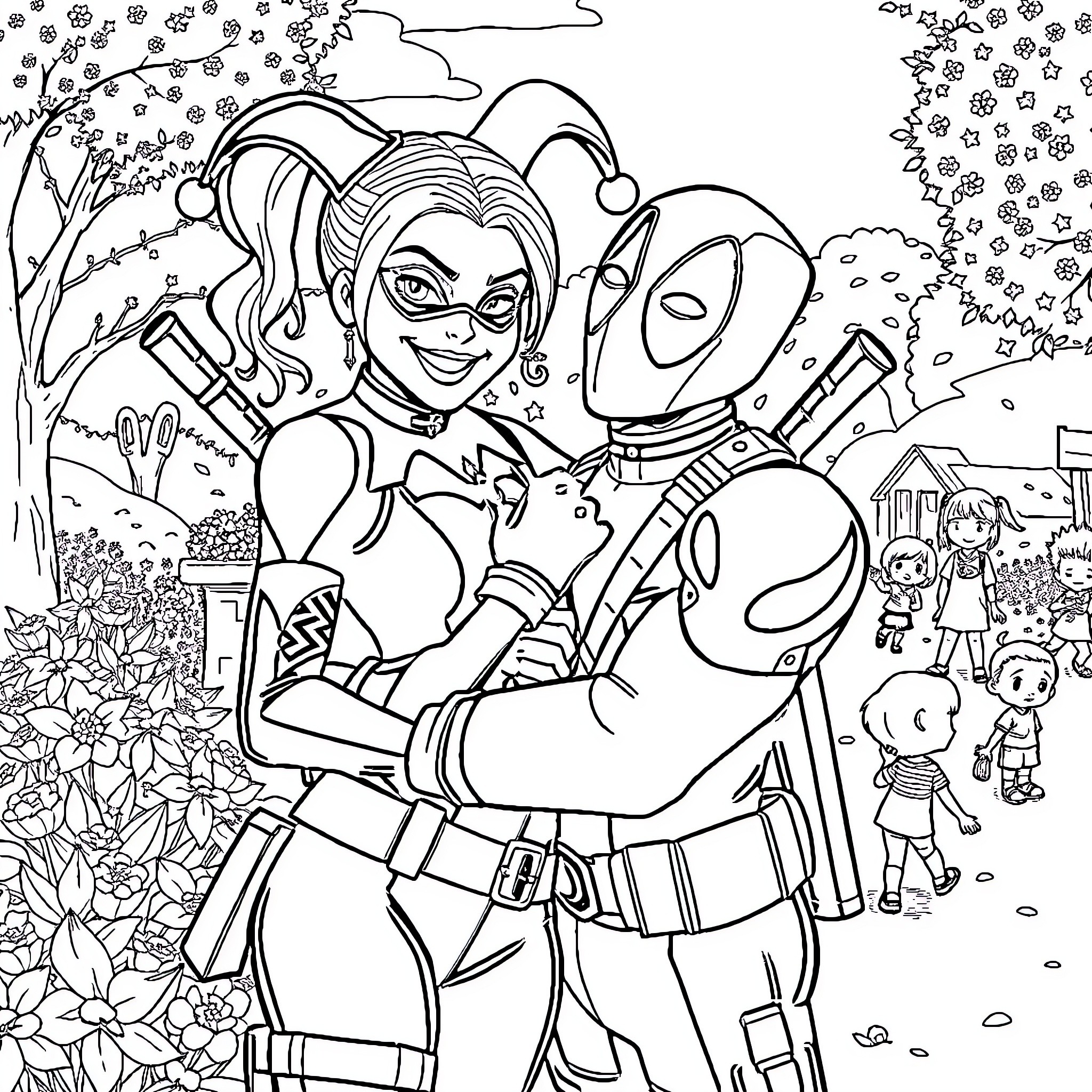 Harley Quinn and Deadpool in a playful encounter Coloring Page (free black-and-white line drawing printable PDF for all, from beginners to advanced learners, including children, teens, adults, and seniors)