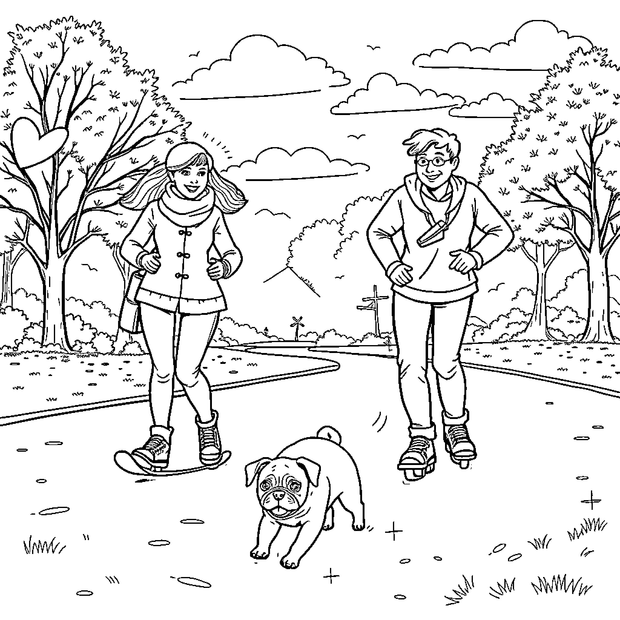 Family enjoying outdoor activities in nature Coloring Page (free black-and-white line drawing printable PDF for all, from beginners to advanced learners, including children, teens, adults, and seniors)