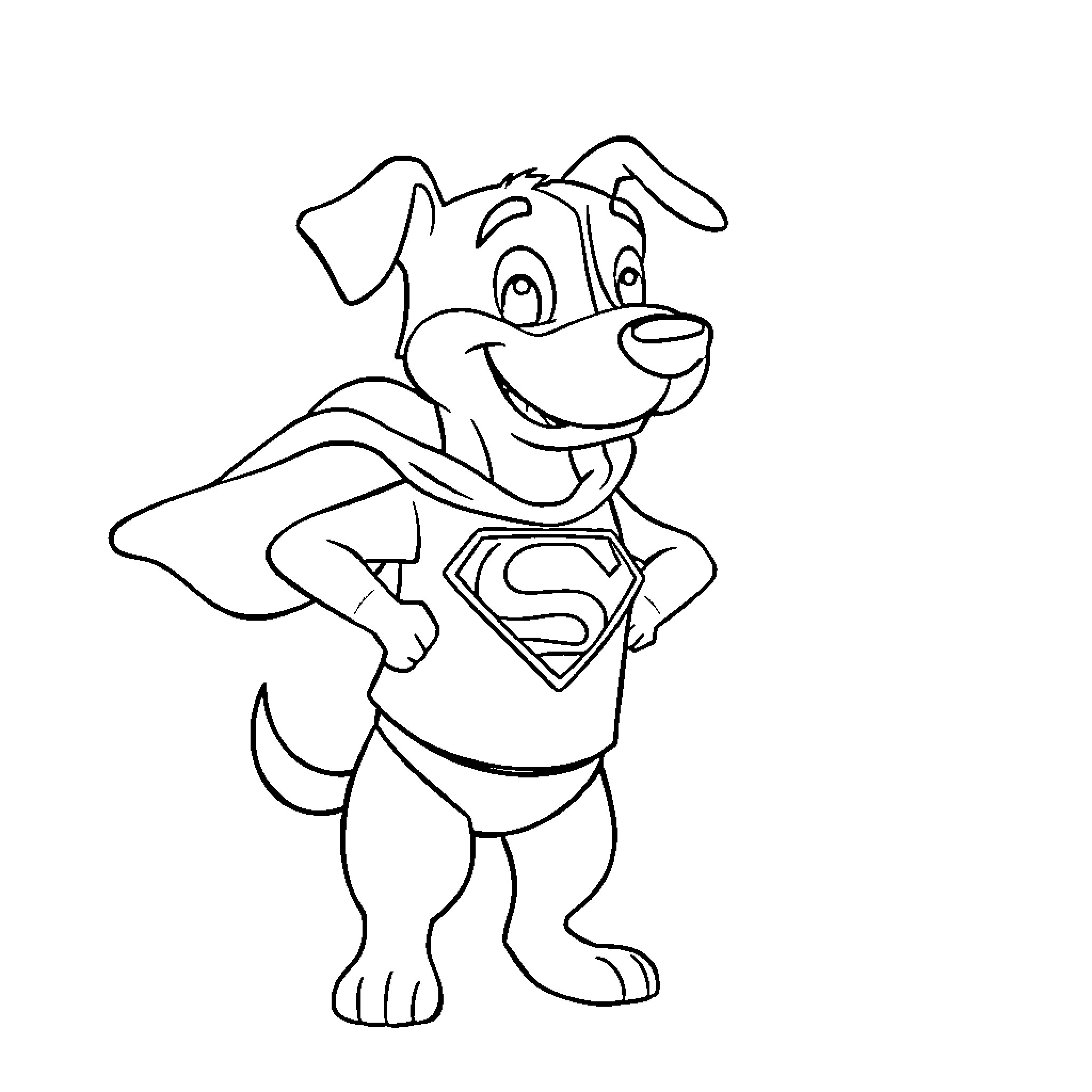 Mutt Dressed as Superhero Coloring Page (free black-and-white line drawing printable PDF for all, from beginners to advanced learners, including children, teens, adults, and seniors)