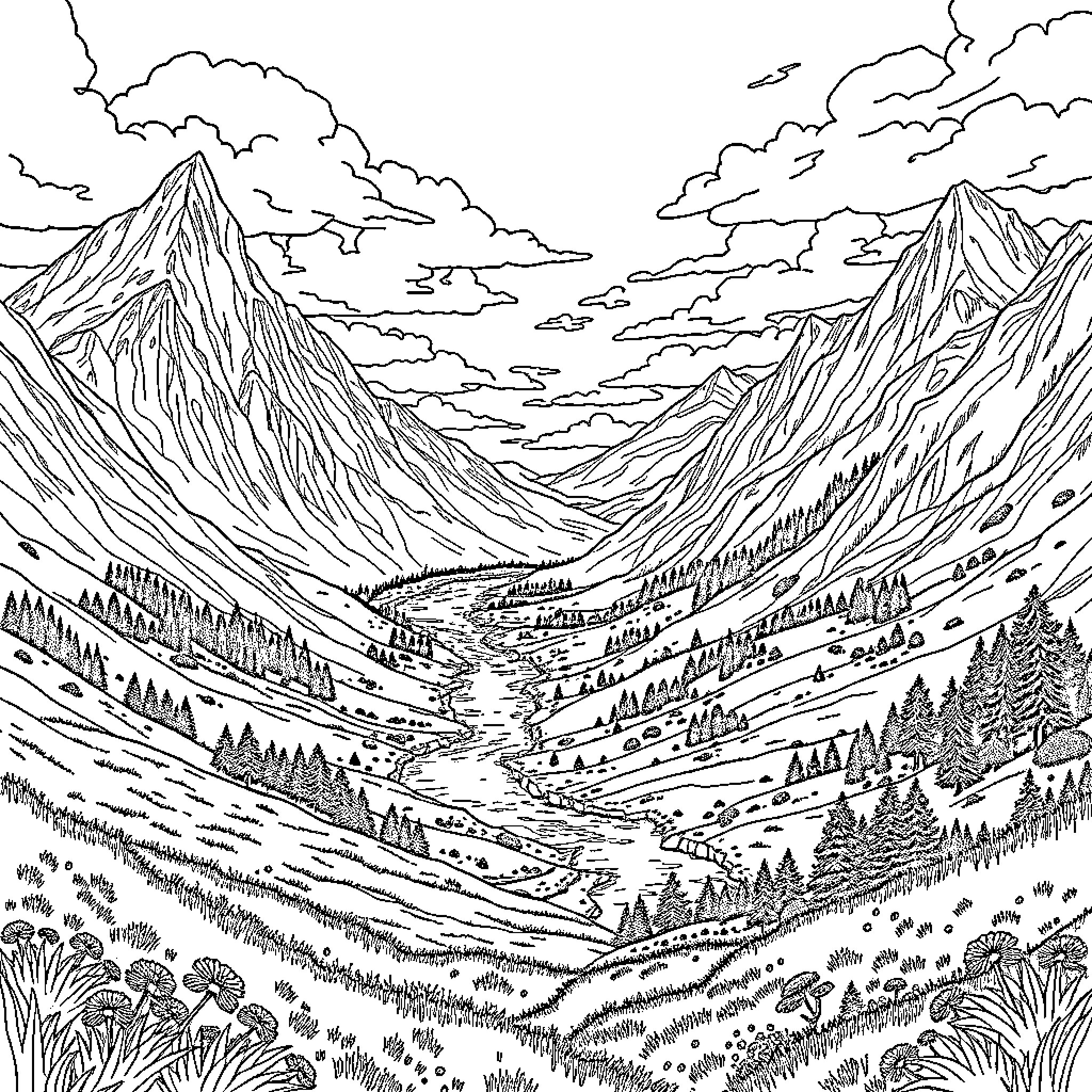 Breath of the Wild: Majestic Mountain Landscape Coloring Page (free black-and-white line drawing printable PDF for all, from beginners to advanced learners, including children, teens, adults, and seniors)