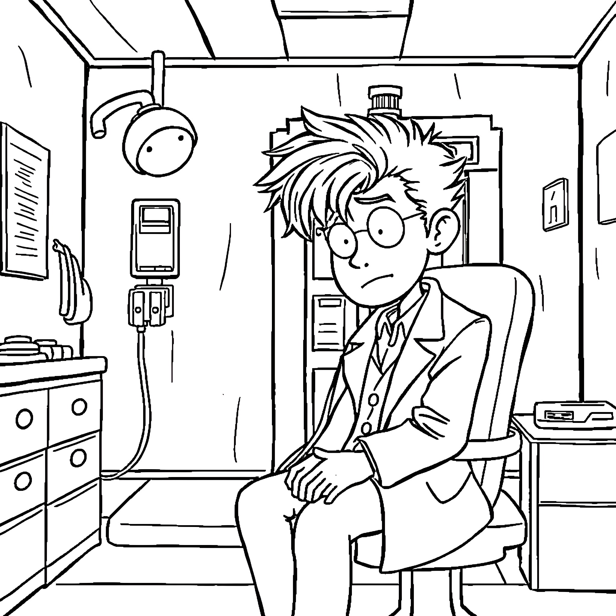 Doctor examines worried patient in clinic Coloring Page (free black-and-white line drawing printable PDF for all, from beginners to advanced learners, including children, teens, adults, and seniors)