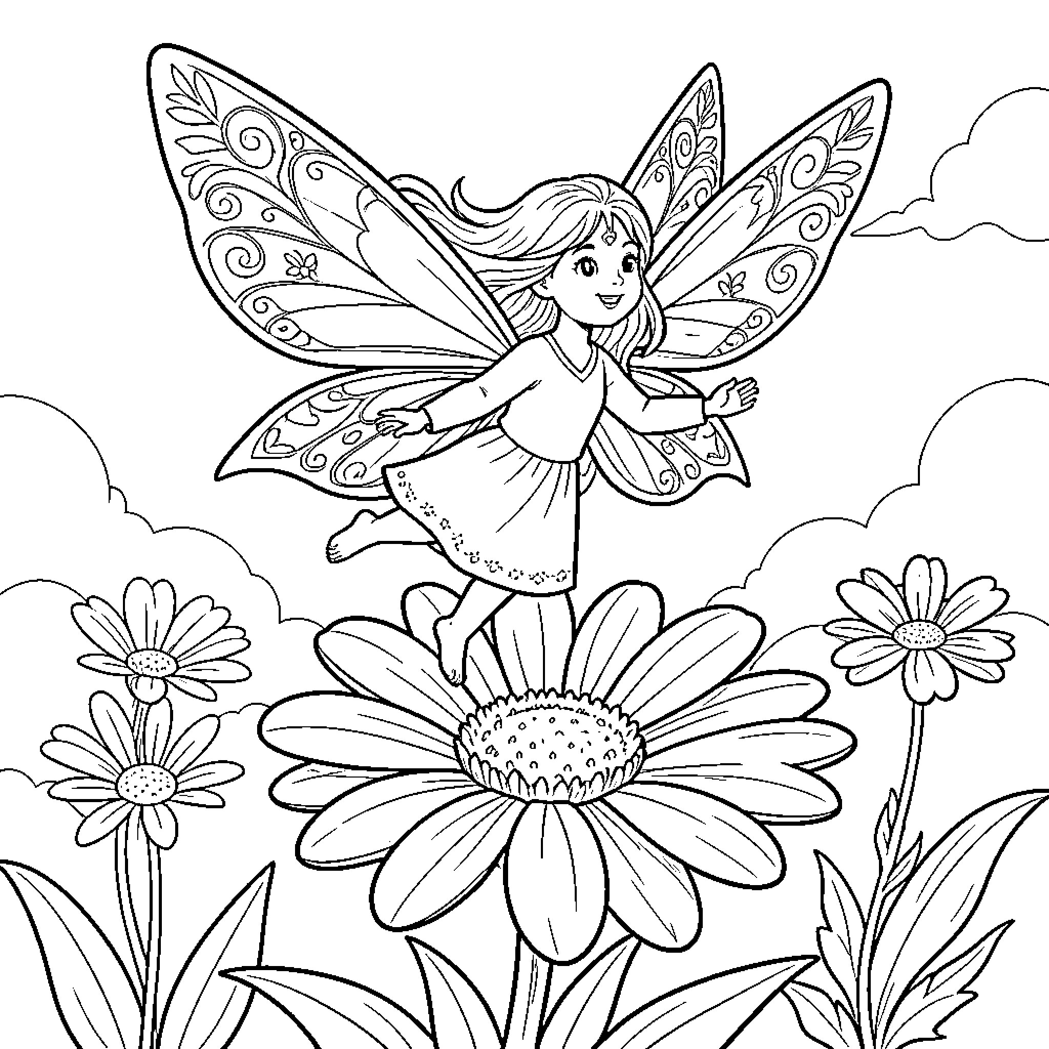 Fairy gracefully flying amid blooming flowers Coloring Page (free black-and-white line drawing printable PDF for all, from beginners to advanced learners, including children, teens, adults, and seniors)
