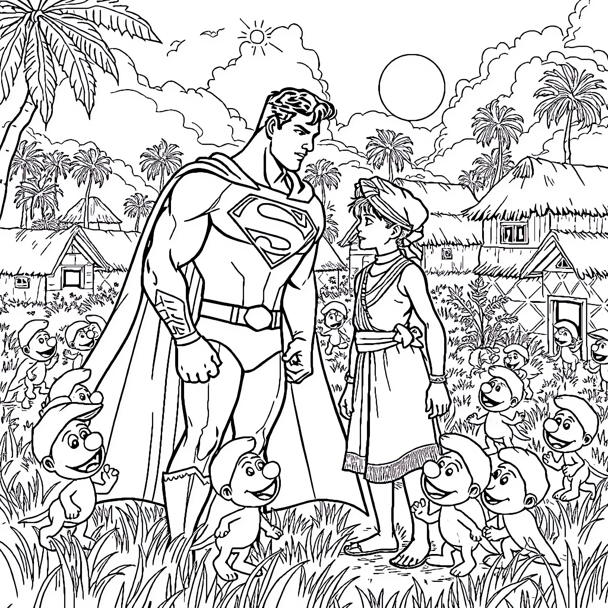 Superman helping a young child in a tropical setting Coloring Page (free black-and-white line drawing printable PDF for all, from beginners to advanced learners, including children, teens, adults, and seniors)