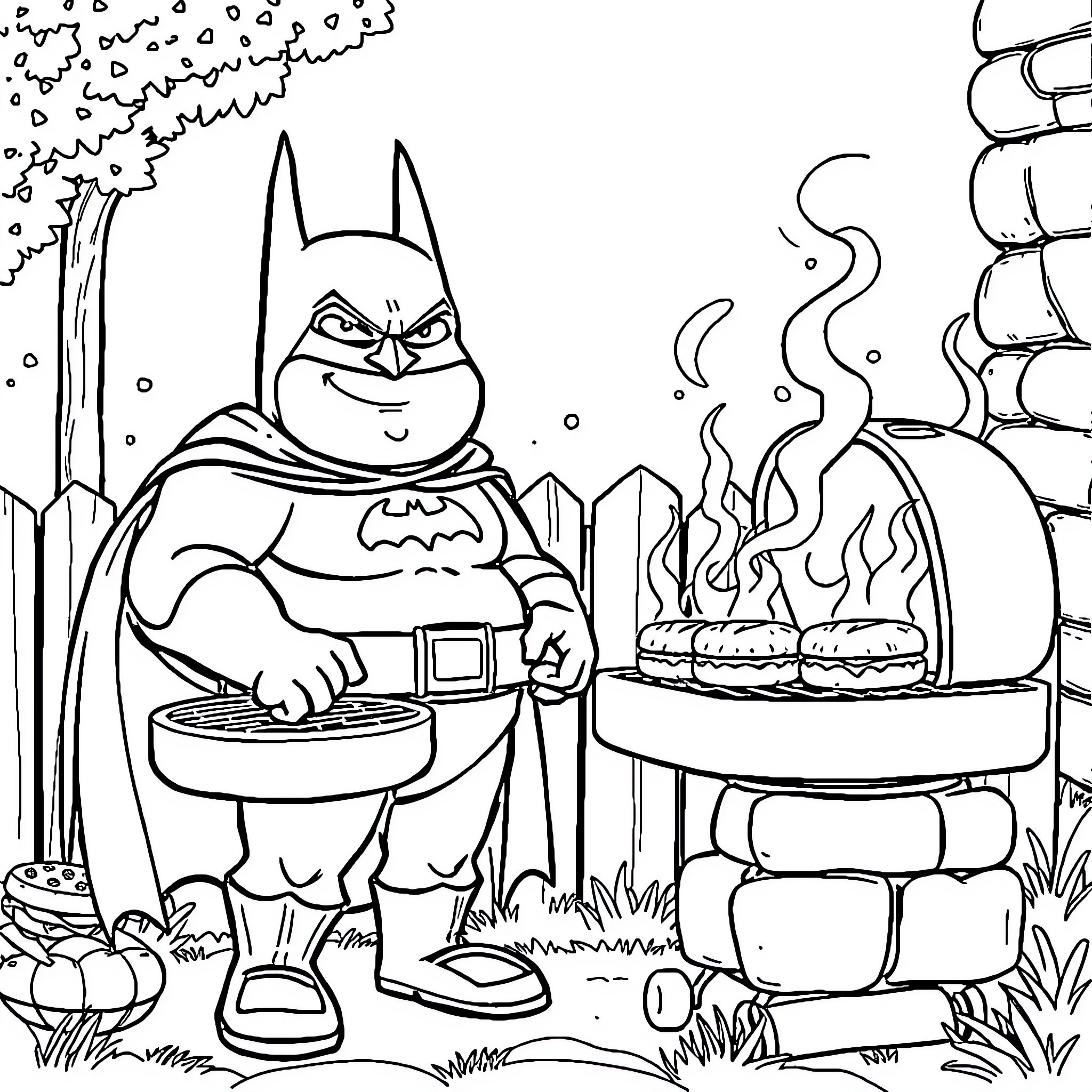 Batman grilling sausages by the campfire Coloring Page (free black-and-white line drawing printable PDF for all, from beginners to advanced learners, including children, teens, adults, and seniors)