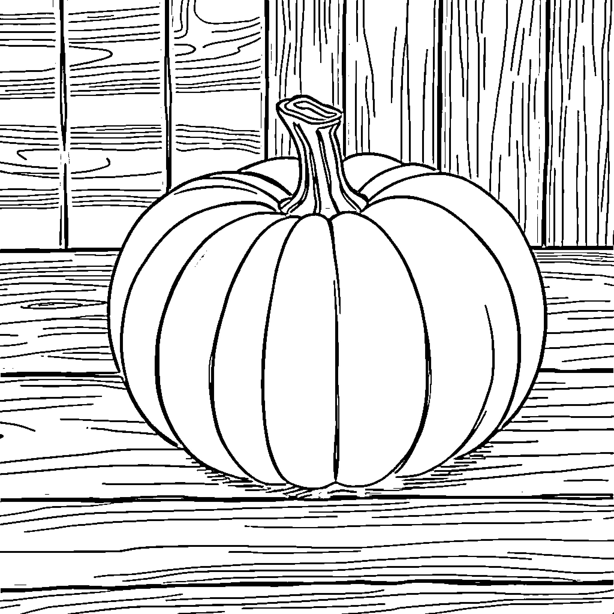 Pumpkin on Wooden Backdrop Coloring Page (free black-and-white line drawing printable PDF for all, from beginners to advanced learners, including children, teens, adults, and seniors)