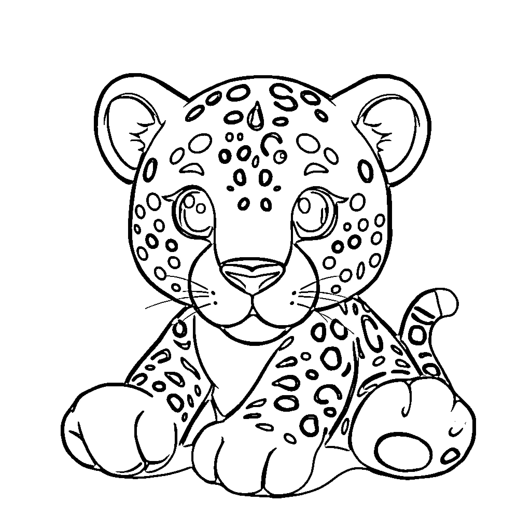 Leopard cub sitting and looking at viewer Coloring Page (free black-and-white line drawing printable PDF for all, from beginners to advanced learners, including children, teens, adults, and seniors)
