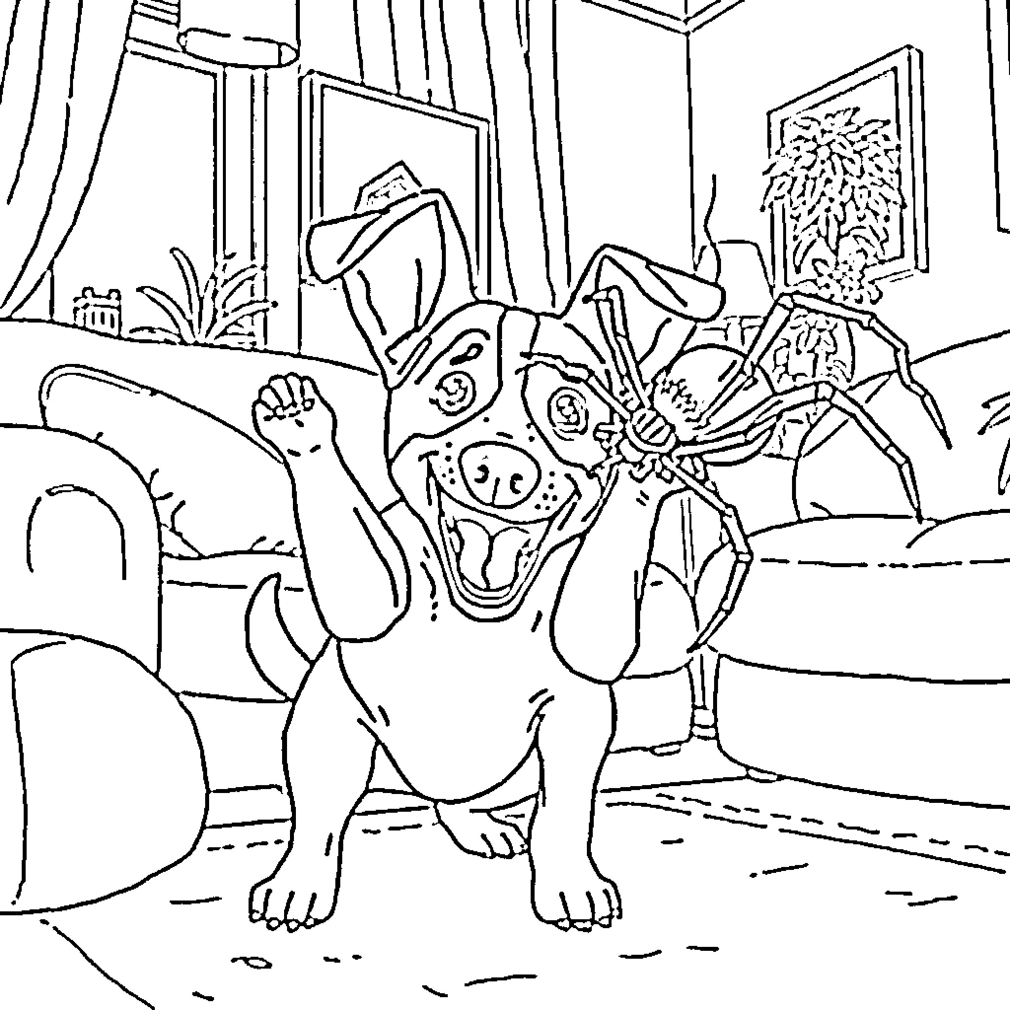 Dog playing with toy in cozy home Coloring Page (free black-and-white line drawing printable PDF for all, from beginners to advanced learners, including children, teens, adults, and seniors)