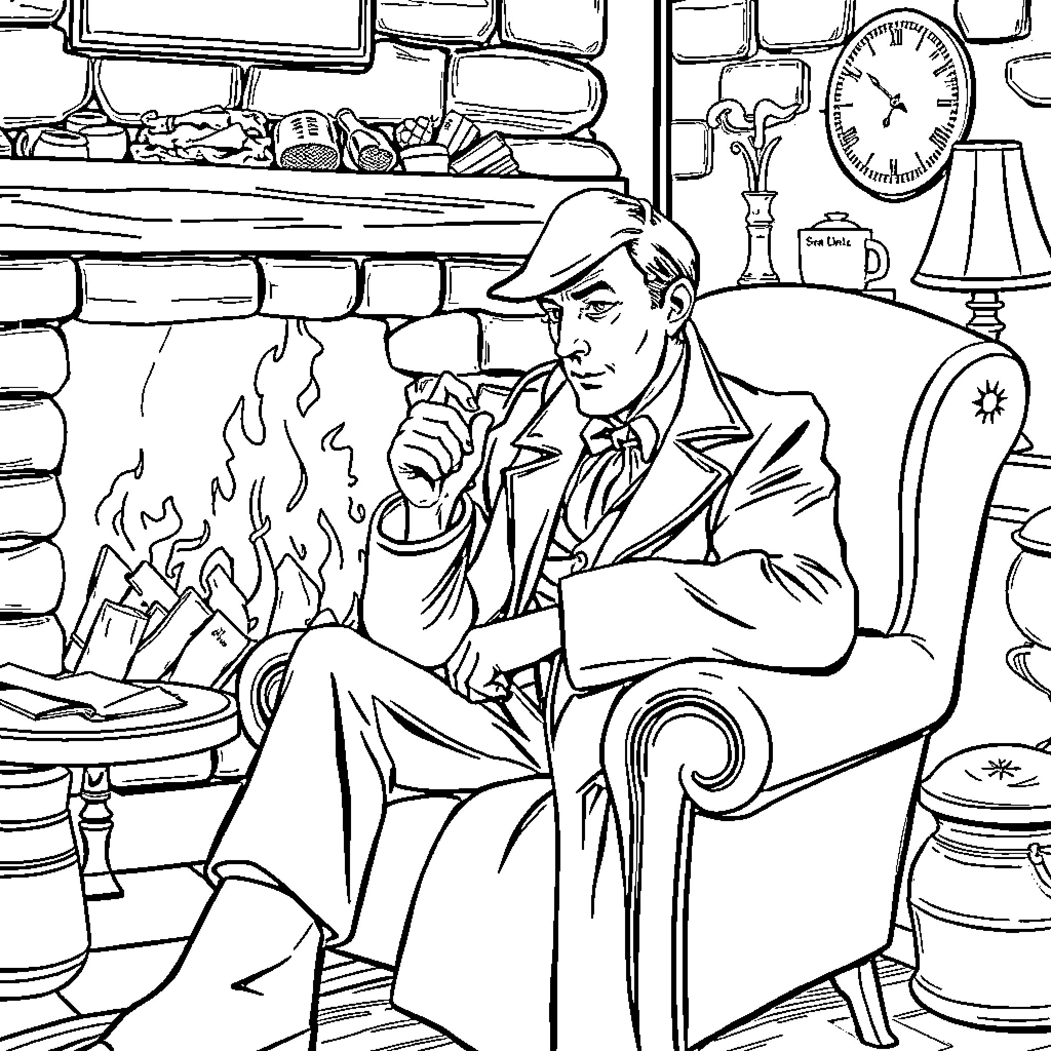 Sherlock Holmes Ponders a Mystery by the Fireplace Coloring Page (free black-and-white line drawing printable PDF for all, from beginners to advanced learners, including children, teens, adults, and seniors)