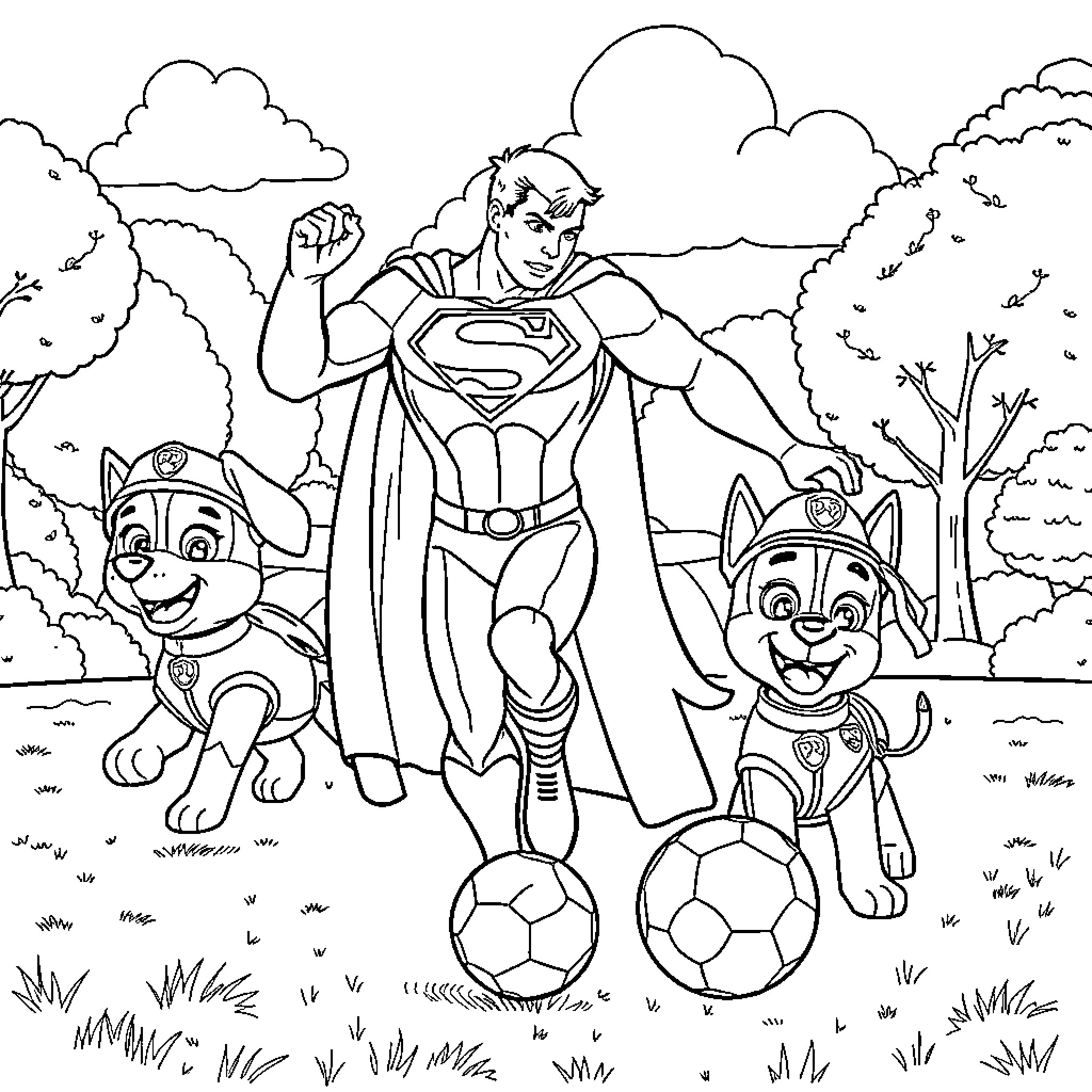Superman rescuing pets in the park Coloring Page (free black-and-white line drawing printable PDF for all, from beginners to advanced learners, including children, teens, adults, and seniors)