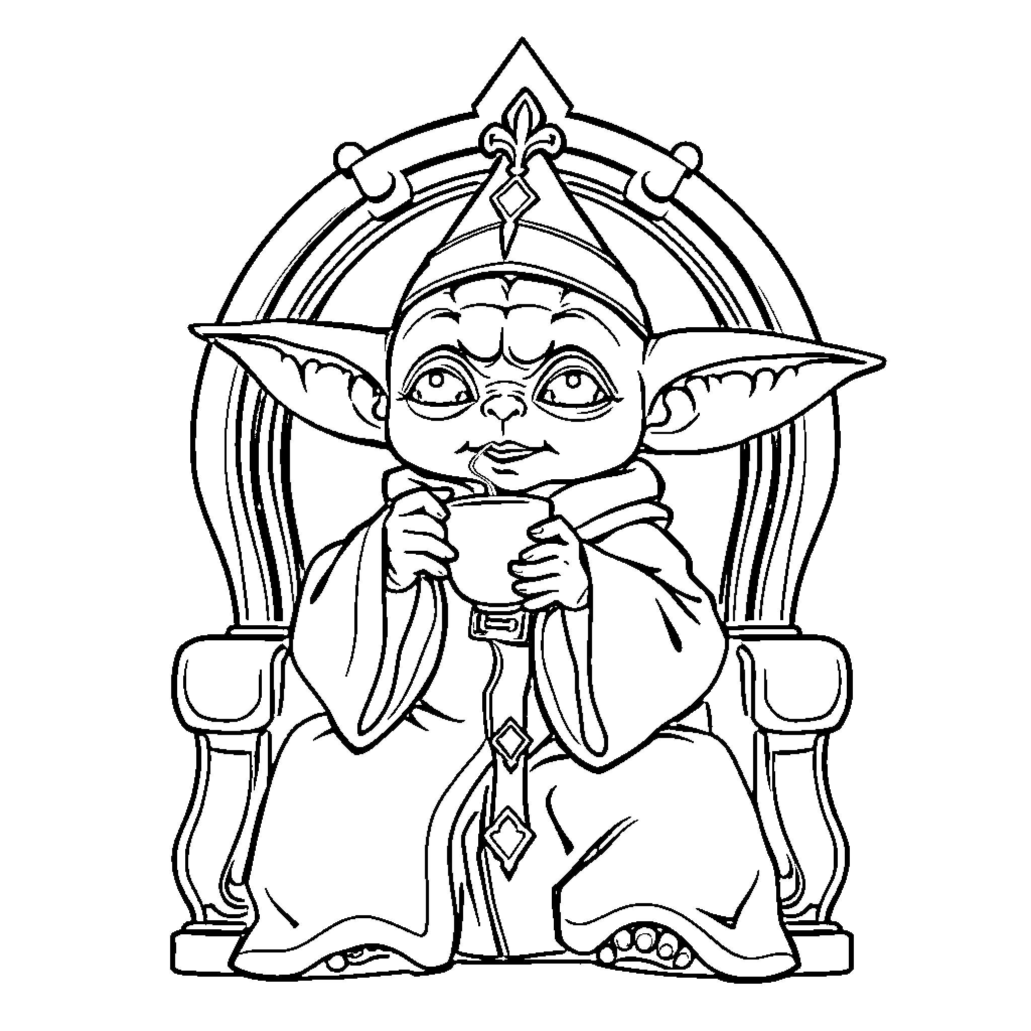 Baby Yoda sitting on a throne with a thoughtful expression Coloring Page (free black-and-white line drawing printable PDF for all, from beginners to advanced learners, including children, teens, adults, and seniors)