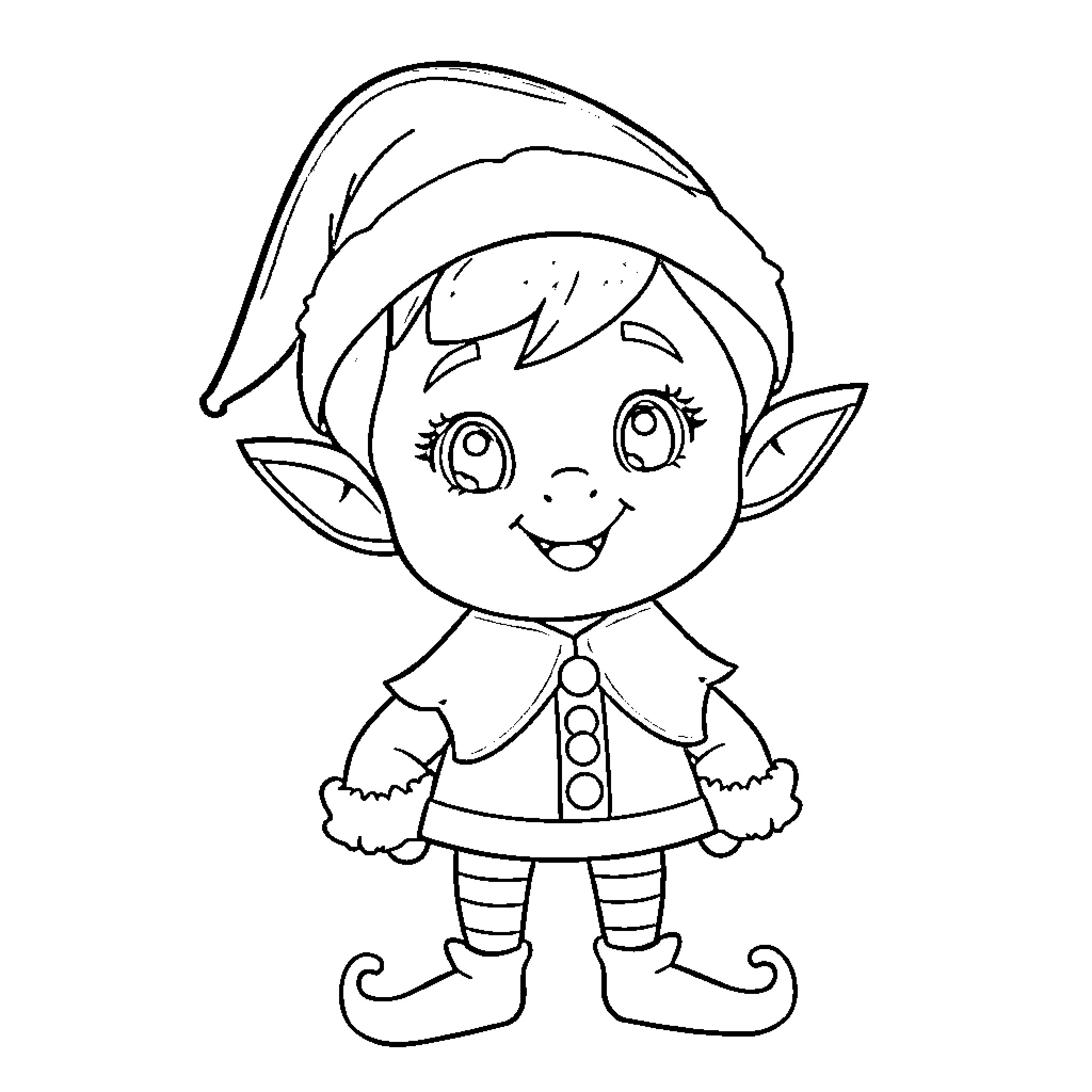 Elf with a cheerful expression and festive outfit Coloring Page (free black-and-white line drawing printable PDF for all, from beginners to advanced learners, including children, teens, adults, and seniors)