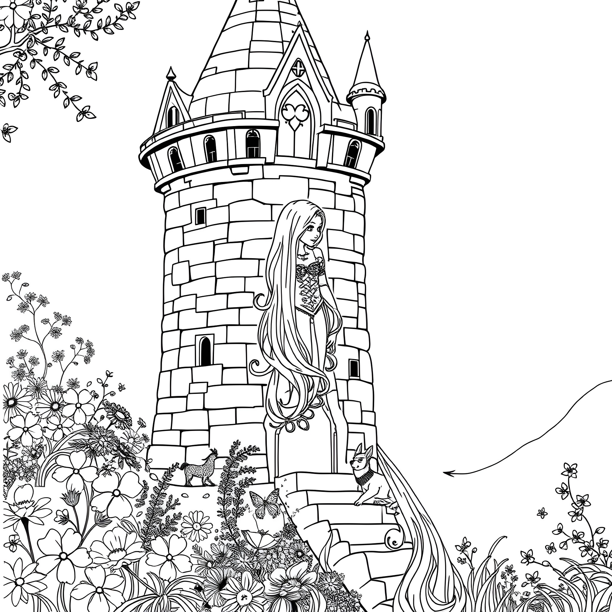 Rapunzel in her castle tower surrounded by nature Coloring Page (free black-and-white line drawing printable PDF for all, from beginners to advanced learners, including children, teens, adults, and seniors)