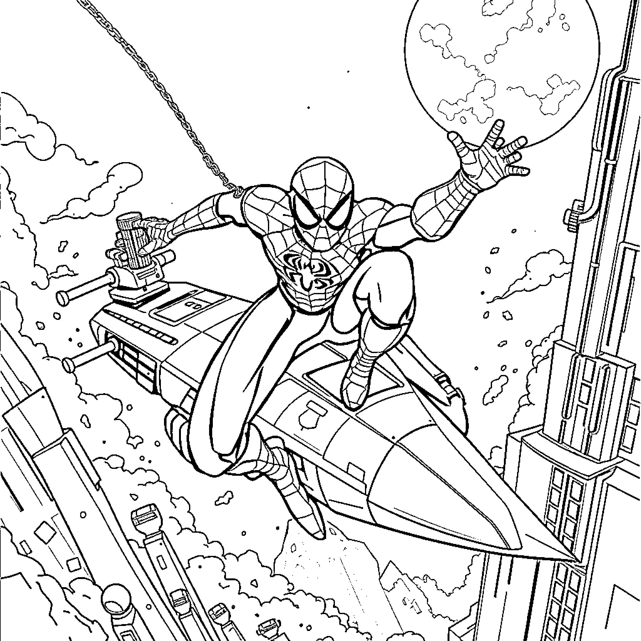 Spiderman swinging through the city skyline Coloring Page (free black-and-white line drawing printable PDF for all, from beginners to advanced learners, including children, teens, adults, and seniors)