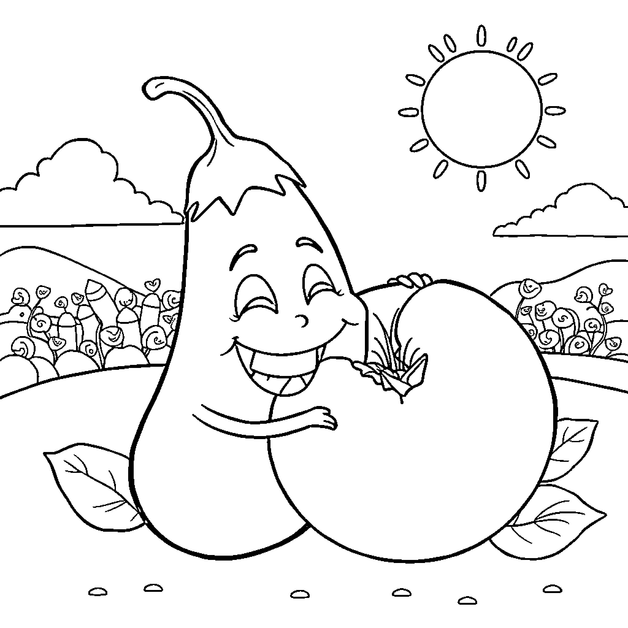 Eggplant enjoying a sunny day in the field Coloring Page (free black-and-white line drawing printable PDF for all, from beginners to advanced learners, including children, teens, adults, and seniors)