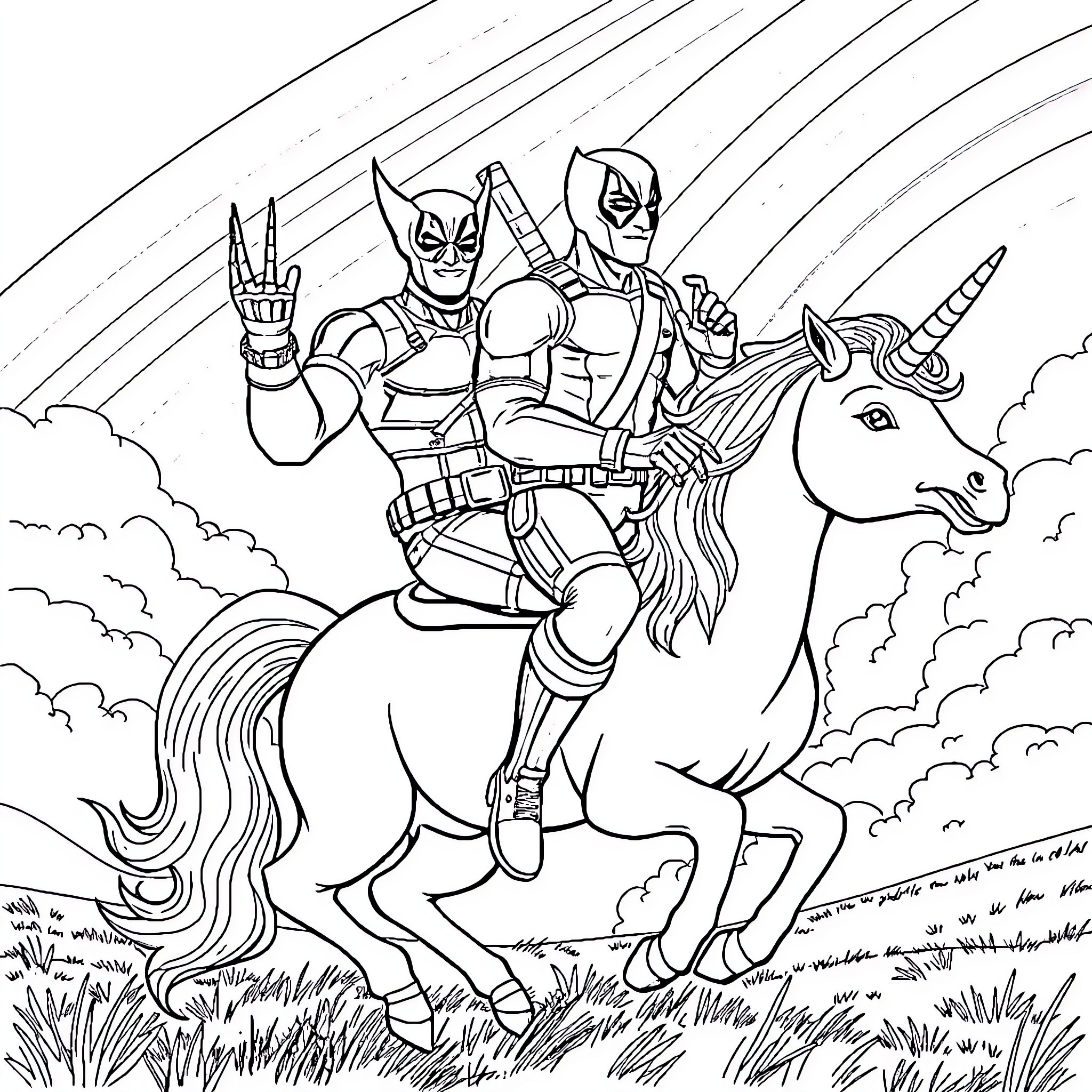 Wolverine riding a magical unicorn through the clouds Coloring Page (free black-and-white line drawing printable PDF for all, from beginners to advanced learners, including children, teens, adults, and seniors)