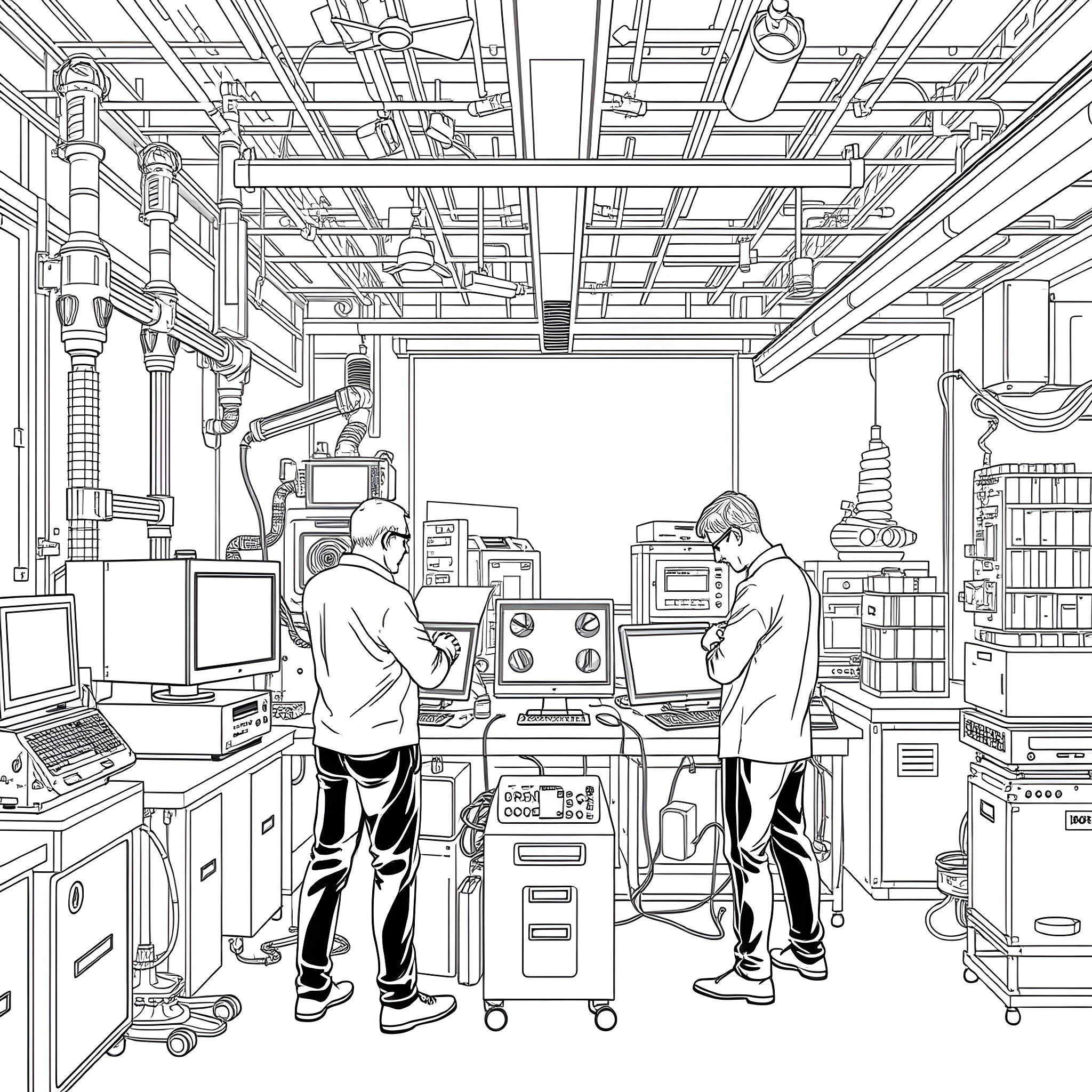 Afritech Workspace: Innovative Technology and Engineering Collaboration Coloring Page (free black-and-white line drawing printable PDF for all, from beginners to advanced learners, including children, teens, adults, and seniors)